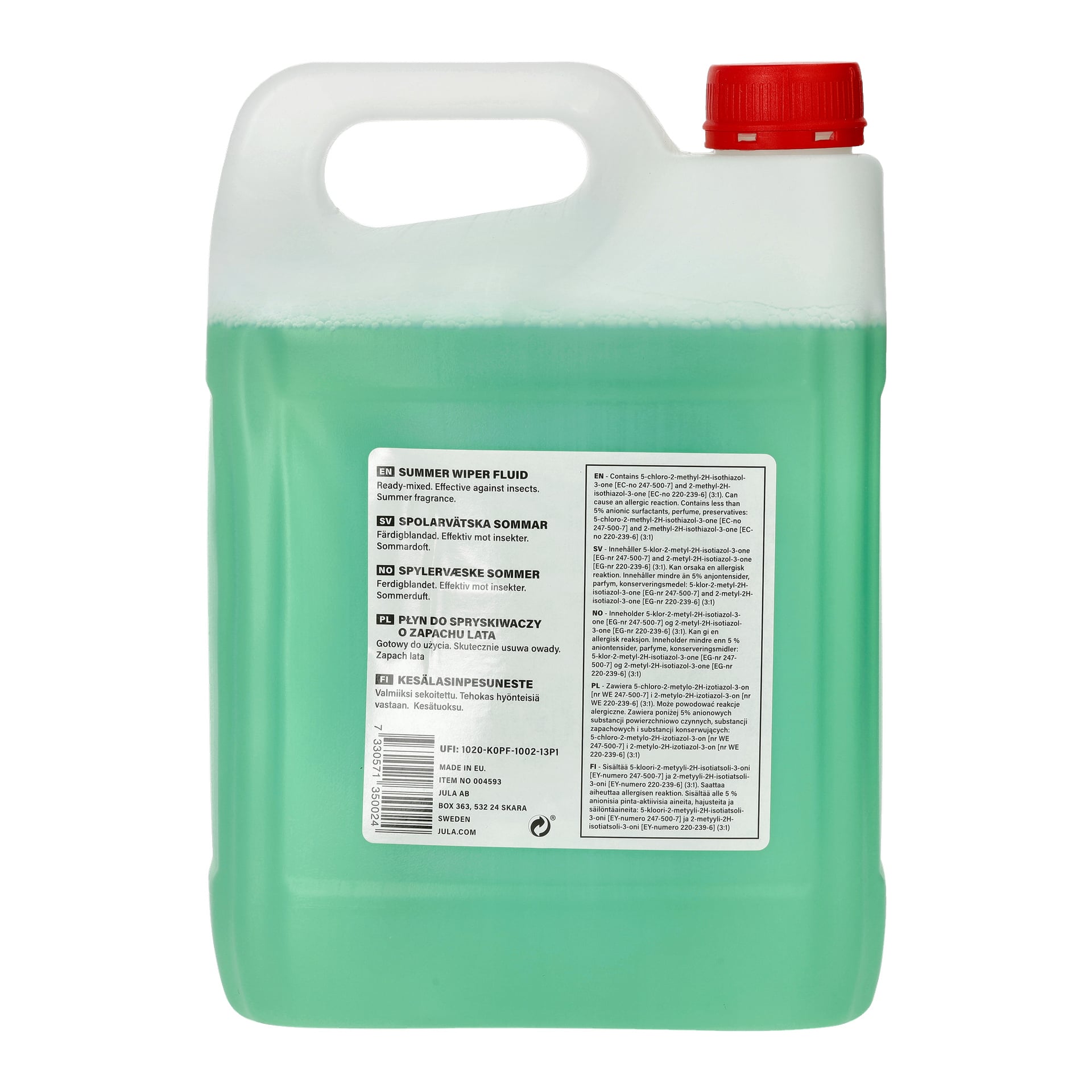 En stor genomskinlig plastbehållare med Hamron Summer torkvätska innehåller grön vätska och är förseglad med en röd lock. Den har ett formsprutat handtag uppe till vänster och en baketikett som listar produktinformation, instruktioner och ingredienser.
