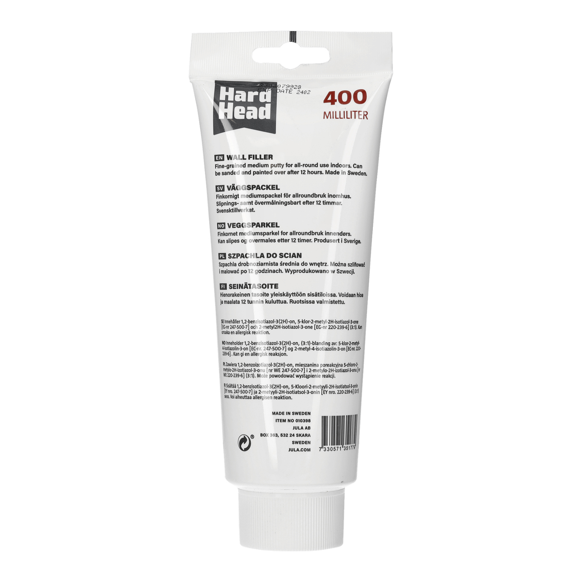 Ett 400-milliliters rör med Hard Head Wall Filler som visar produktdetaljer; Det vita röret har svarta och röda bokstäver, med locket längst ner.