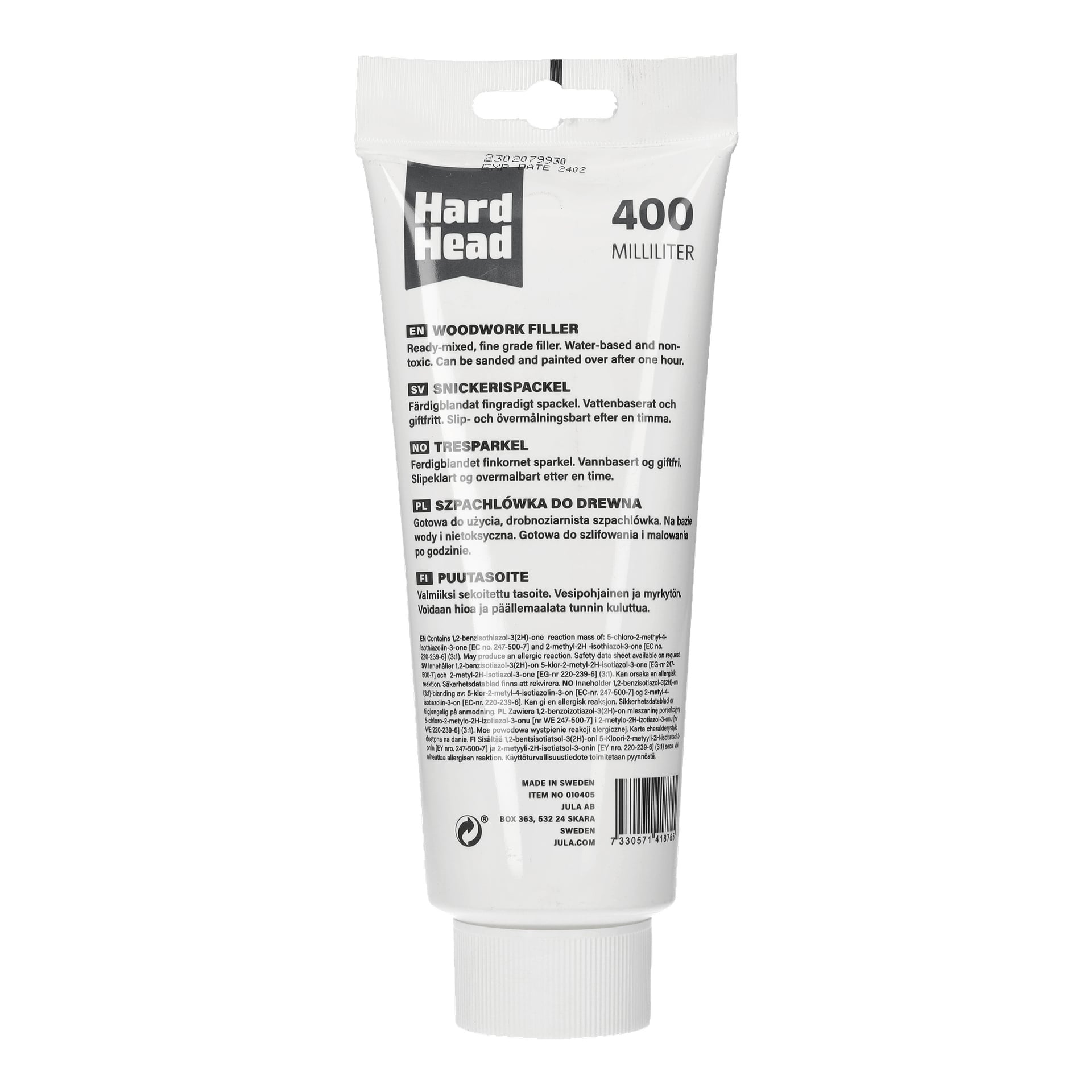 En 400 milliliter vit tub av Hard Head Woodwork Filler visar produktinformation på förpackningen, med en streckkod längst ner.