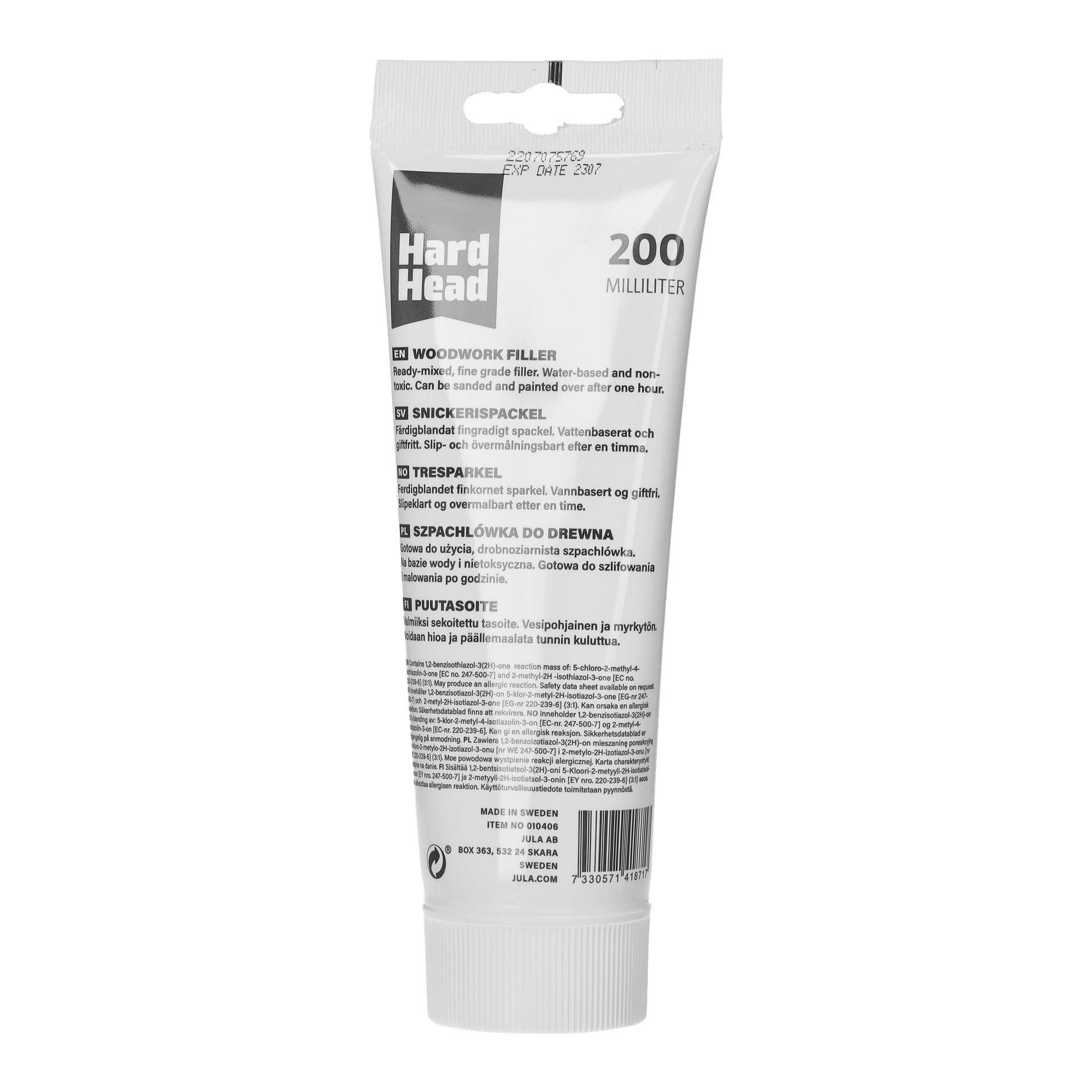 Ett upprätt rör med Hard Head Woodwork Filler, 200 milliliter, visas. Tuben visar text med produktdetaljer och bruksanvisning.