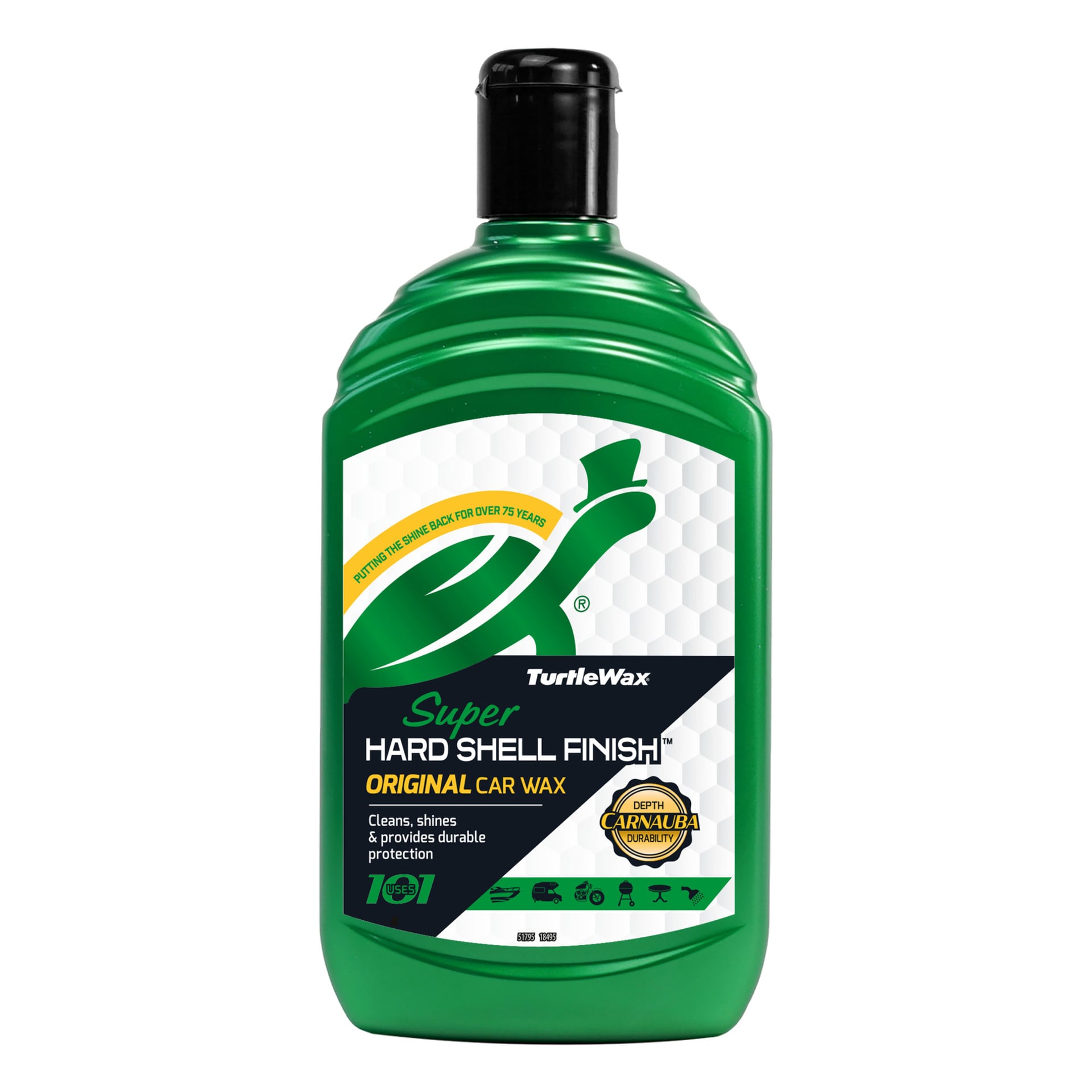 En grön Turtle Wax Original bilvaxflaska med svart kork, som visar produktmärkning och etiketter som "rengör, glänser och ger varaktigt skydd."