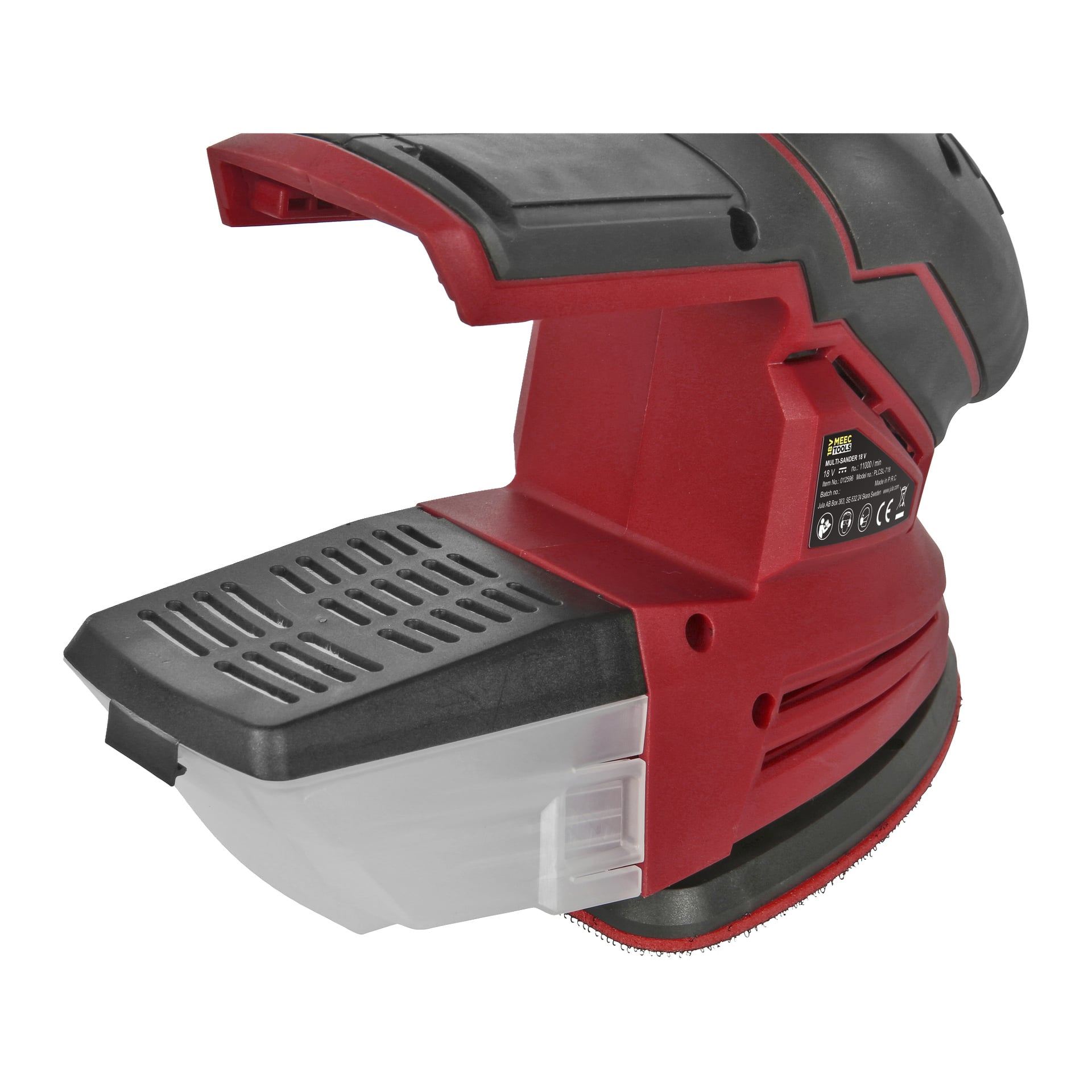 Zbliżenie na Multiseries Multi-szlifierkę SM-18V EASY 300 od Meec Tools, pokazującą jej czerwono-design, przezroczystą skrzynkę na odciąganie kurzu, widoczne otwory wentylacyjne oraz boczną etykietę SM-18V EASY 300.