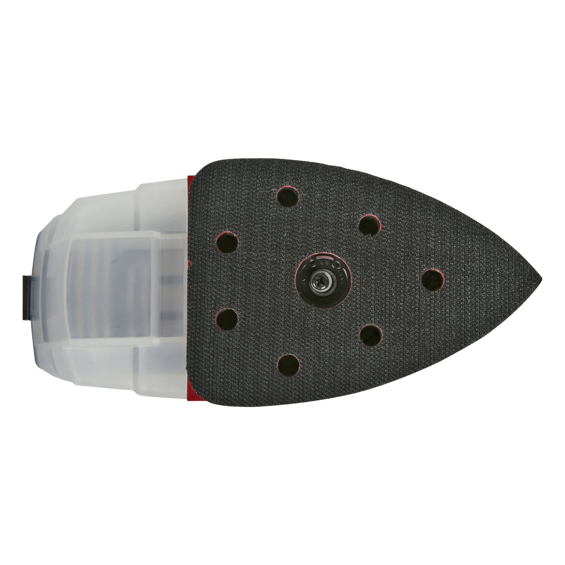 Zbliżenie na podstawę Meec Tools Multiseries Multi-szlifierka SM-18V EASY 300, pokazująca trójkątną podkładkę ścierną z okrągłymi otworami do odprowadzania kurzu i przezroczystym pojemnikiem do odprowadzania kurzu.