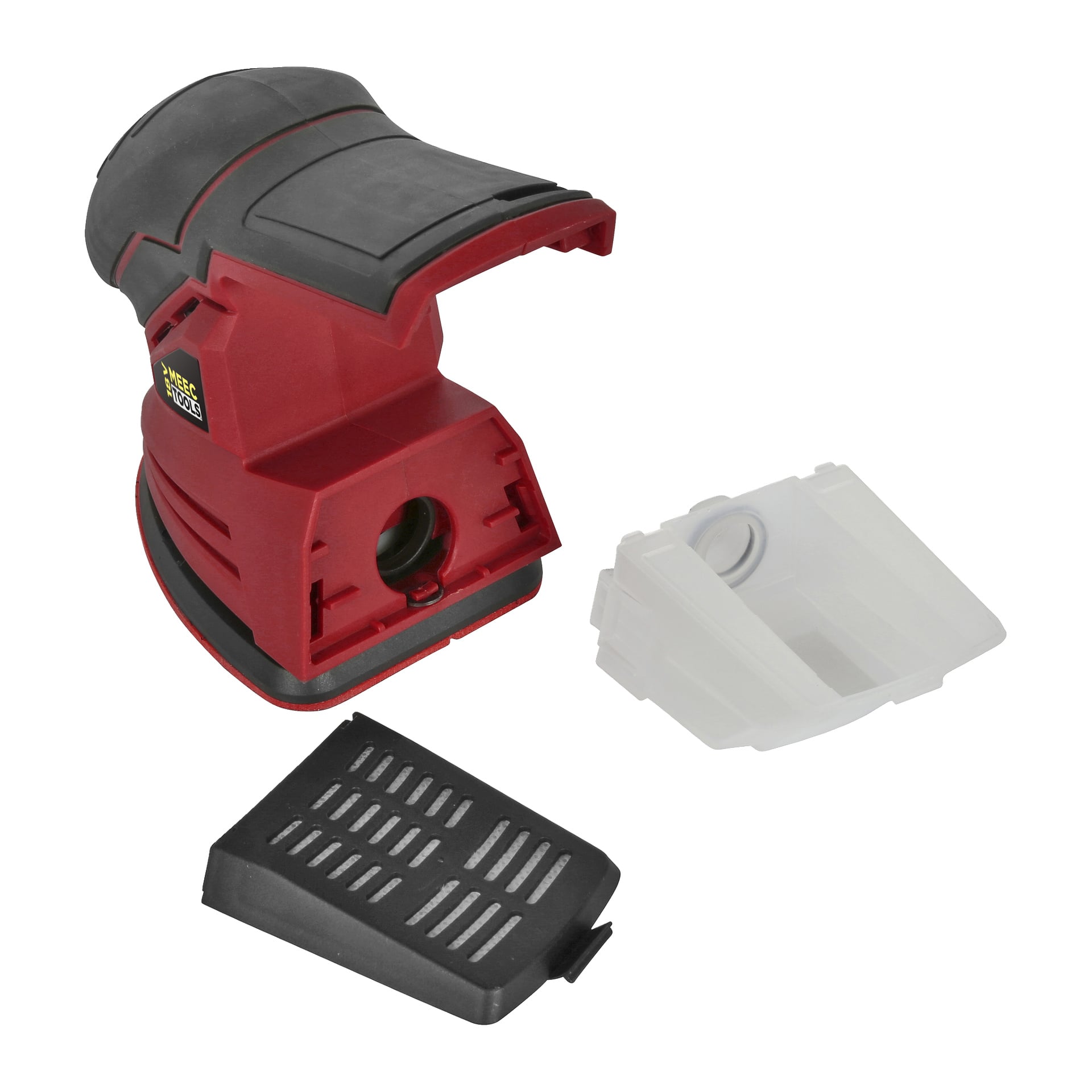 Wieloseriowa szlifierka SM-18V EASY 300 od Meec Tools Multi-Series, przedstawiona jest z pojemnikiem na odpył, a obok niego zdejmowana pokrywa filtra.