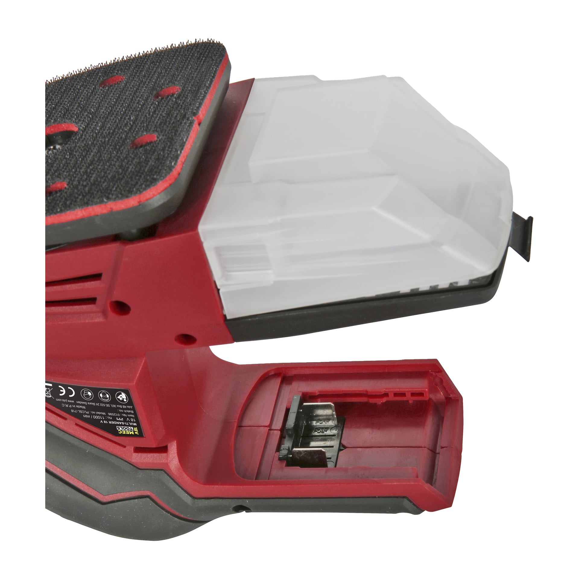 Zbliżenie na Multiserię SM-18V EASY 300 Multi-Tools Multiseries podkreśla jego czerwono-czarną korpus, podkładkę ścierną, skrzynkę odpyłu oraz otwartą komorę na baterię bez zainstalowanej baterii.