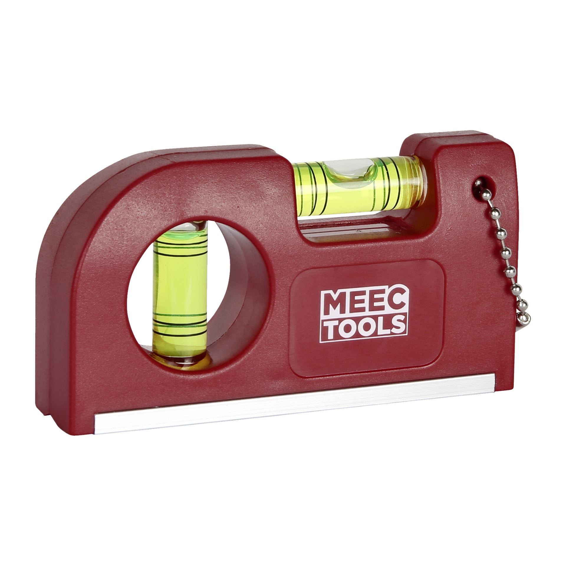 En kompakt röd plast Meec Tools vattenvater med metallkant, integrerad bubbelflaska, nyckelringsögla, runda utskärningsdetaljer och en vit måttremsa längst ner.