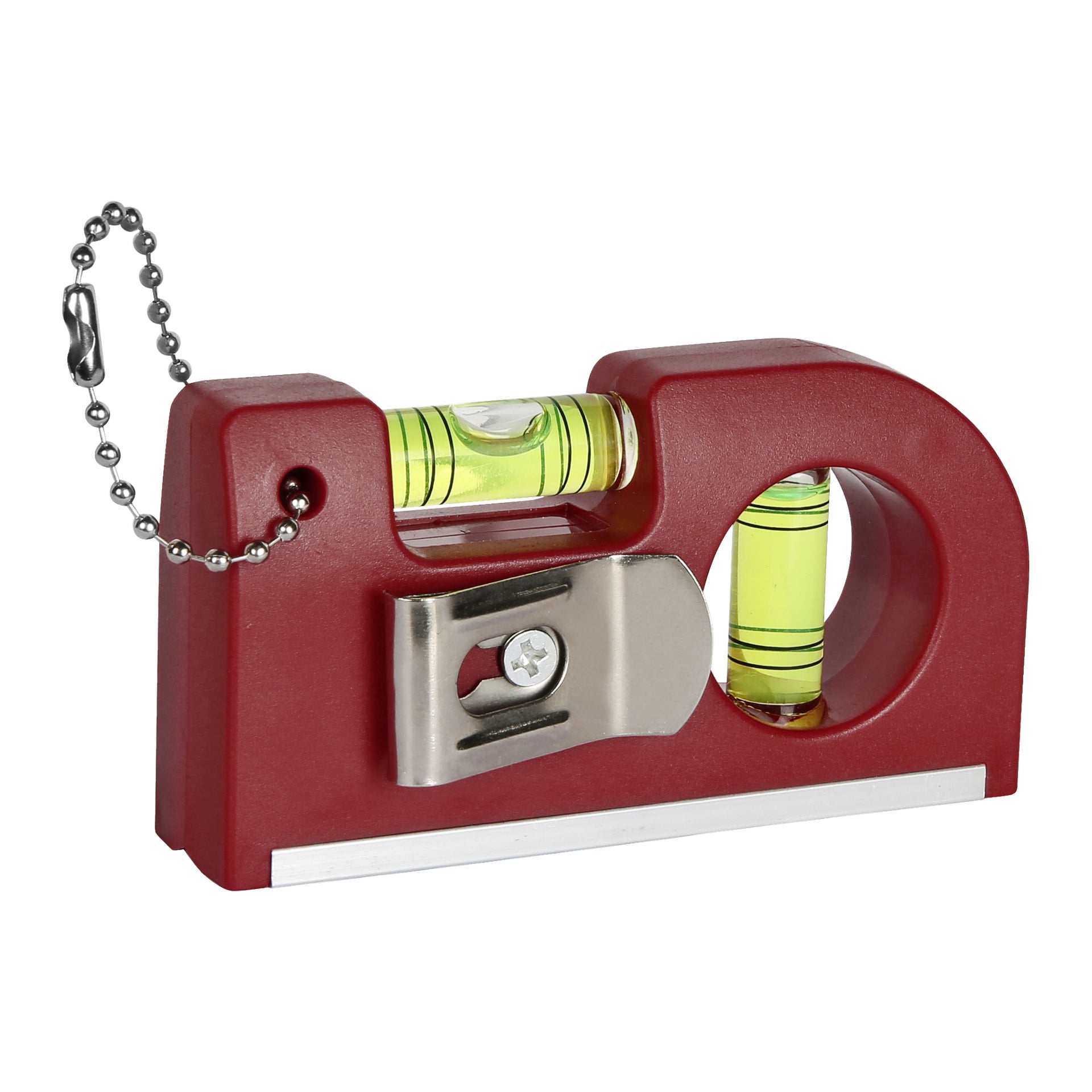 En kompakt röd Meec Tools Spirit Level Mini, designad med en inbygd pennvässare, två bubbelflaskor för exakt nivellering, ett stadigt metallblad och en fäst liten kedja för enkel bärning.