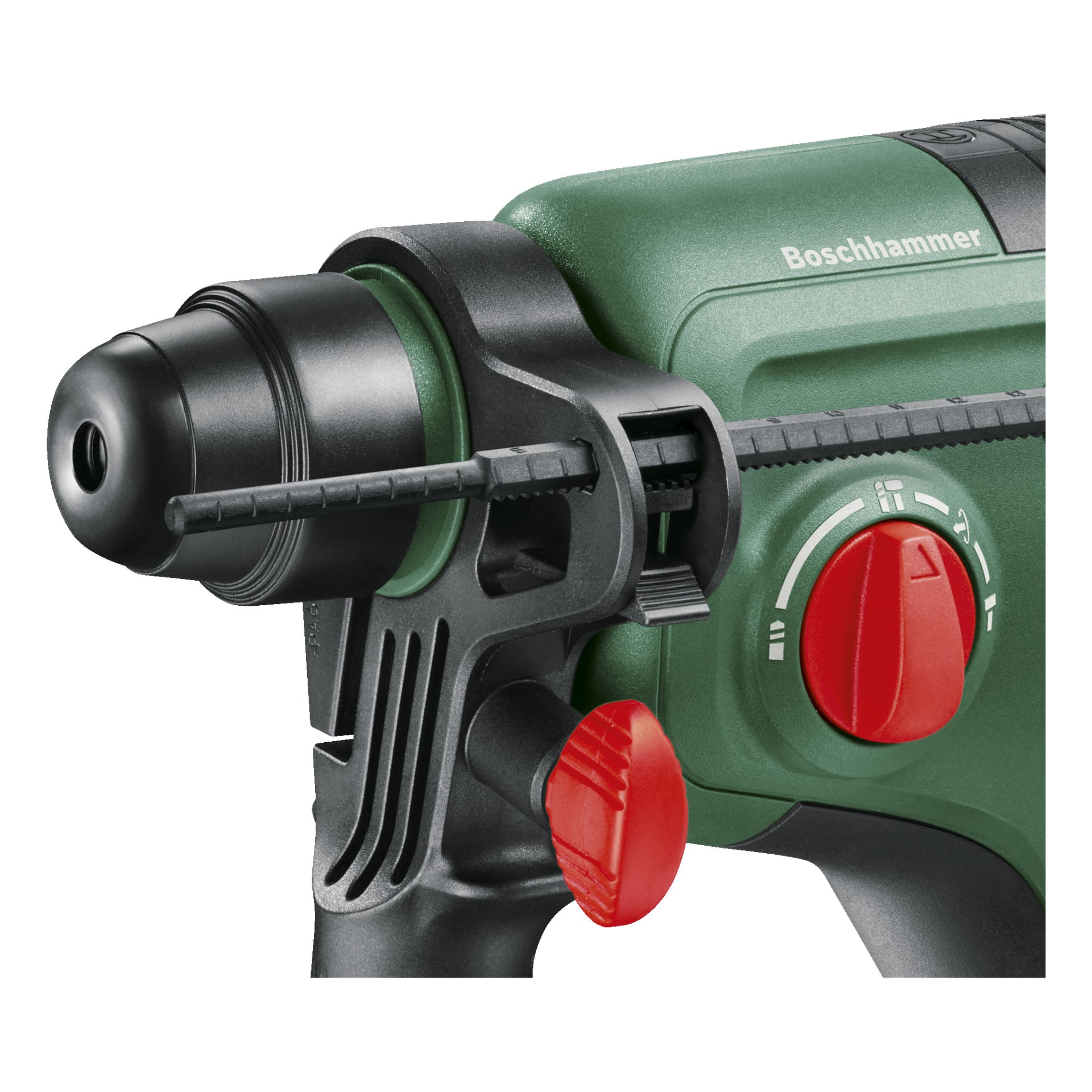 Närbild av en grön Bosch Power 4 All UniversalHammer 18V släggborr med batteri, som framhäver dess frontsektion, svarta och röda kontrollrattar samt ett texturerat grepphandtag. Bosch-logotypen syns på den gröna karossen.
