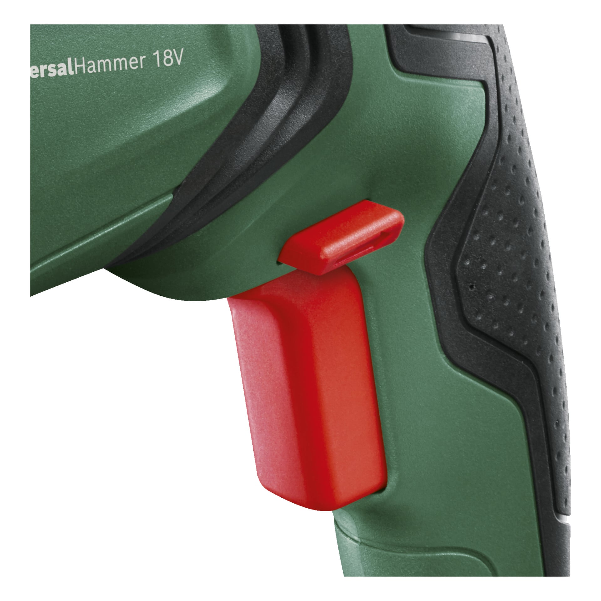 En närbild av handtaget på en Bosch Power 4 All sladdlös hammarborr, UniversalHammer 18V-modell, med ett grönt och svart texturerat grepp och en djärv röd avtryckare. Den gröna kroppen visar en del av "UniversalHammer 18V"-etiketten.