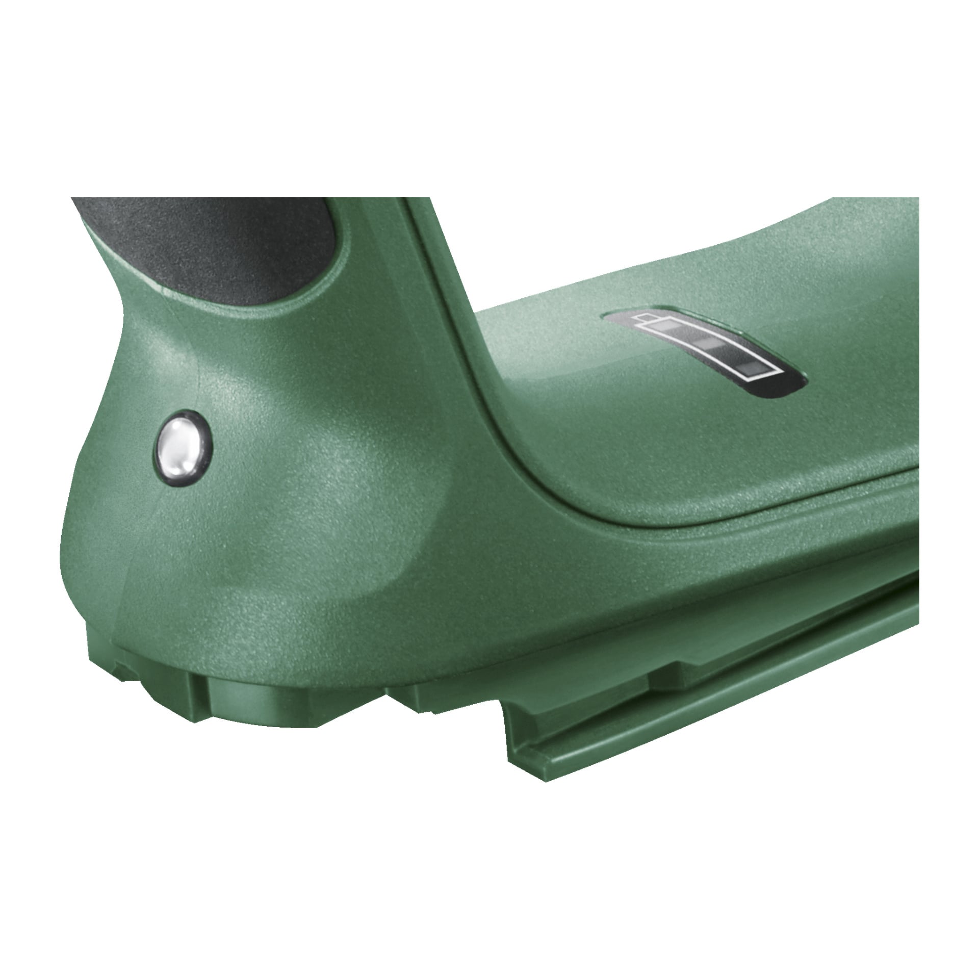 Närbild av Bosch Power 4 All UniversalHammer 18V batteridrivna hammarborr, som visar dess gröna plastkropp, svarta handtagsgrepp, en silverknapp och en rektangulär ikon på höljet. Spår och en texturerad yta syns vid basen.