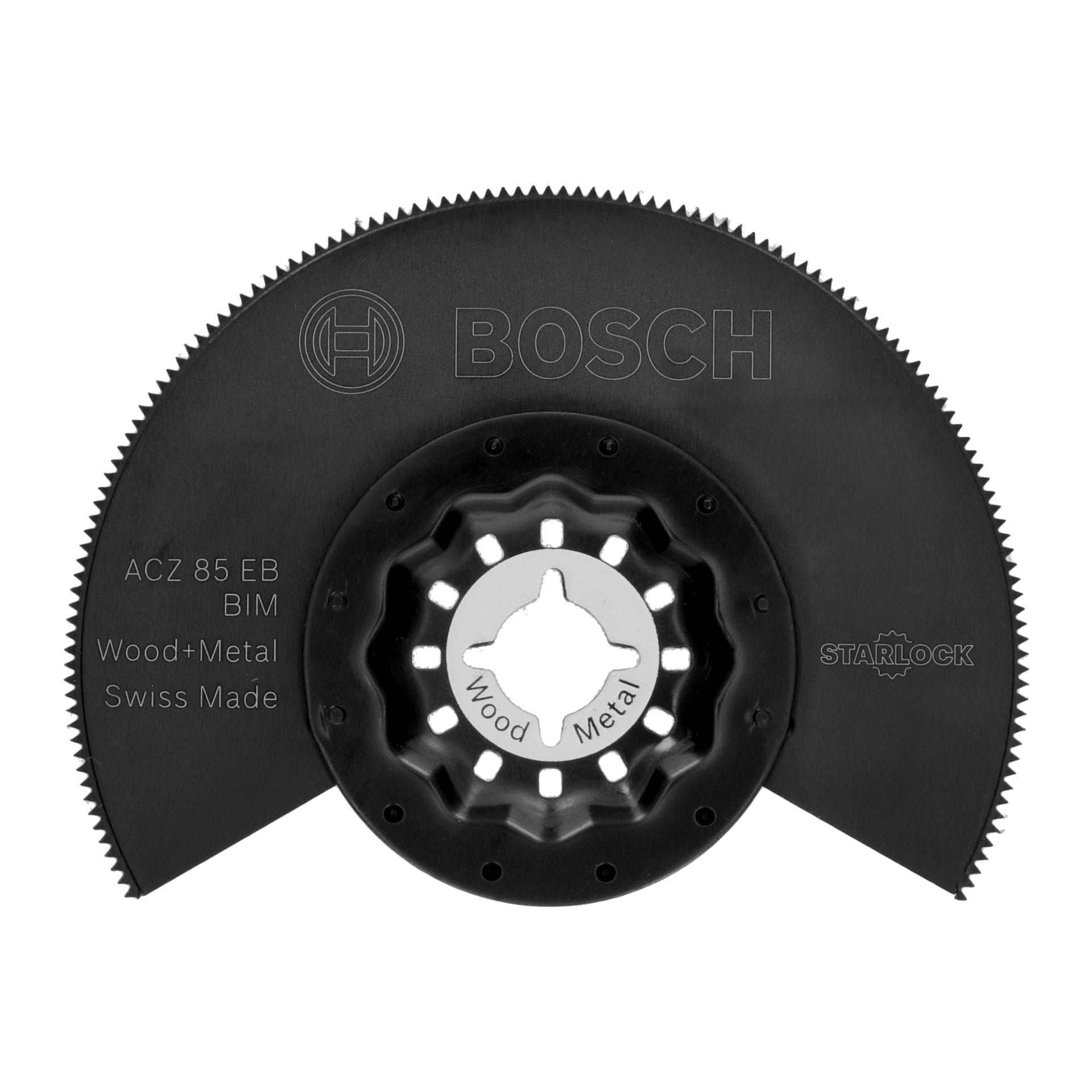 Närbild av ett Bosch Power 4 All Multi-tool AdvancedMulti 18 V Starlock-sågblad för trä och metall, med modellen ACZ 85 EB BIM synlig. Det svarta bladet har tryckta detaljer på ytan och har ett runt centralt monteringshål.