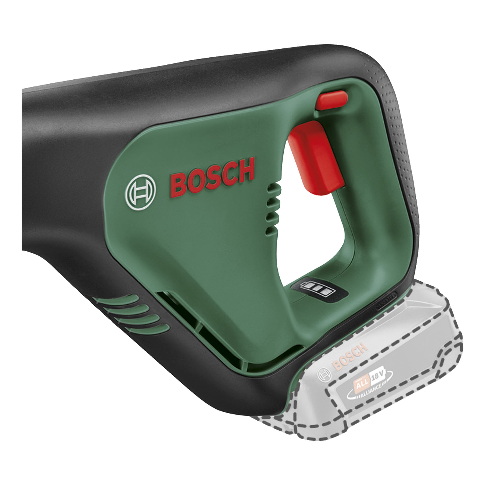 Detaljerad vy av Bosch Power 4 All AdvancedRecip 18 V batteridriven bajsågshandtag, som visar dess gröna och svarta design med en framträdande röd avtryckare. Konturen för att fästa batteriet är synlig, liksom Bosch-logotypen. Inget batteri är anslutet.