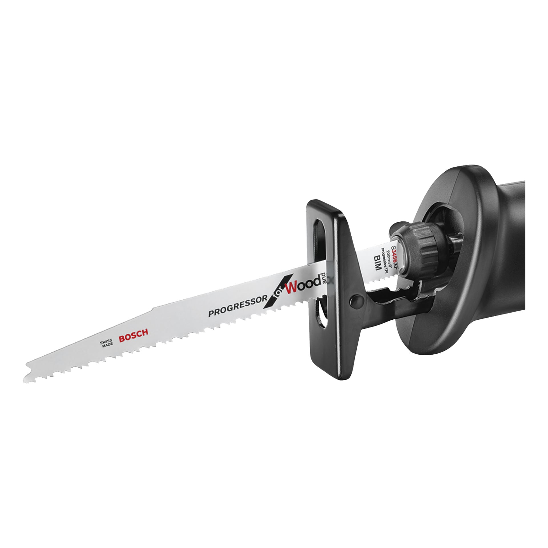 En detaljerad vy av Bosch Power 4 All AdvancedRecip 18 V sladdlös bajsåg utrustad med ett Progressor för träblad. Bladet, som är gjort för träskärning, är fast installerat i verktygets svarta hus.