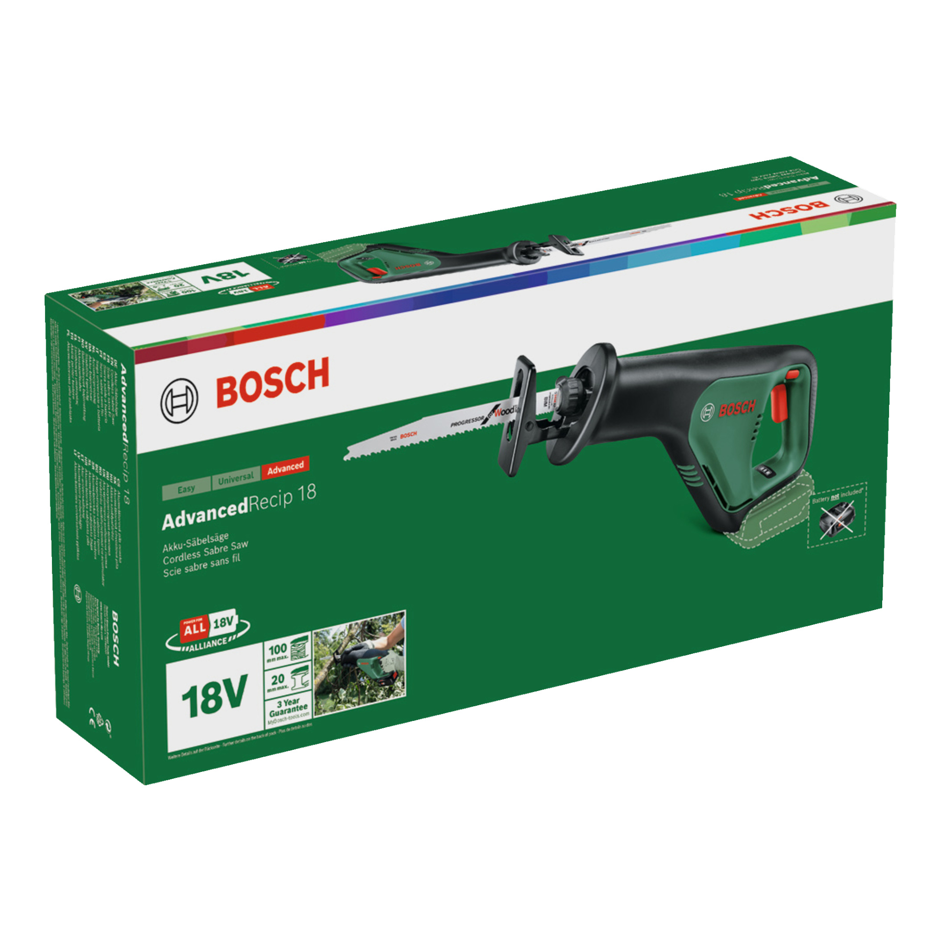 Bosch Power 4 All AdvancedRecip 18V batteridrivna bajsåg visas i förpackningen, som visar bilder på produkten, detaljerade specifikationer och en röd Bosch-logga. Lådan lyfter fram viktiga funktioner och batteriinformation både framtill och på sidorna.