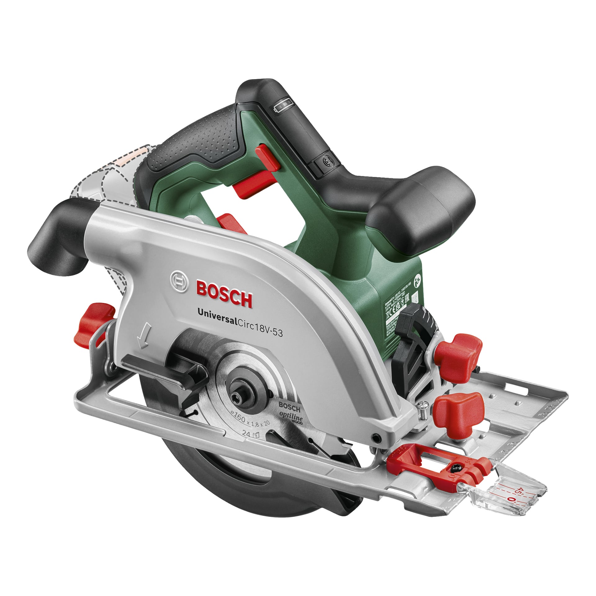 En Bosch Power 4 All UniversalCirc 18V-53 batteridriven cirkelsåg med silverbladslock, grönt och svart handtag samt röda justeringsrattar.