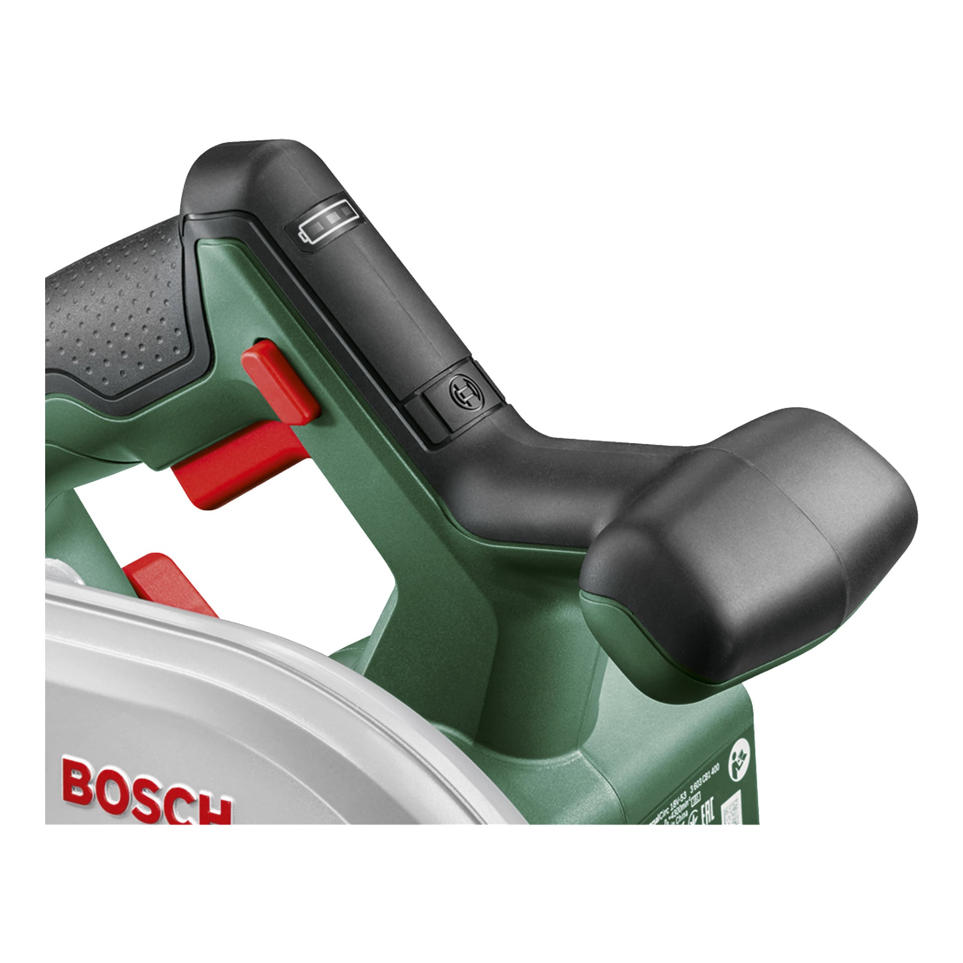 Detaljerad vy av handtaget och avtryckarområdet på en Bosch Power 4 All UniversalCirc 18V-53 sladdlös cirkelsåg, som framhäver dess texturerade grepp, svarta och gröna plasthölje och röda avtryckarfunktioner. Bosch-logotypen visas delvis till vänster.