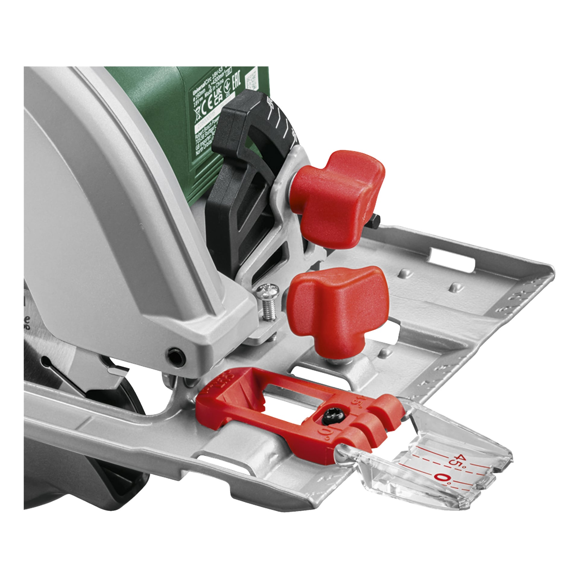 En detaljerad närbild av Bosch Power 4 All UniversalCirc 18V-53 cirkelsågsbasen, med två röda justeringsrattar och en transparent styrning fäst vid metallplåten, tillsammans med synliga centimetermarkeringar.