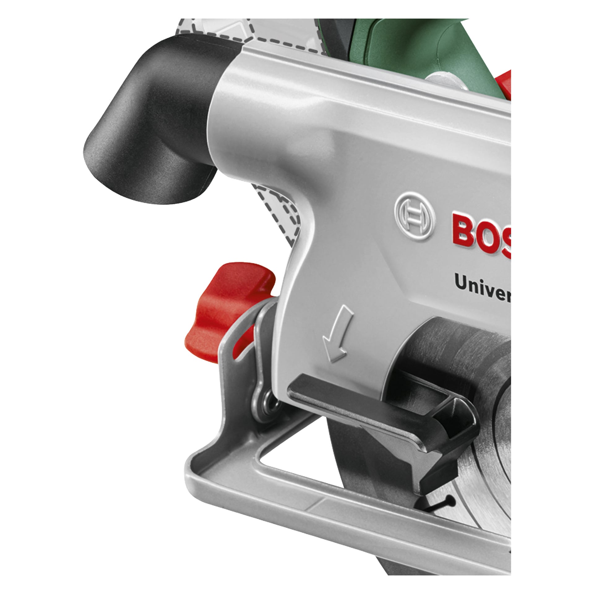 Detaljerad närbild av Bosch Power 4 All UniversalCirc 18V-53 sladdlösa cirkelsåg, som tydligt visar bladskyddet, den röda spaken, den svarta justeringsspaken och en del av bladet för att framhäva dess reglage och metallkonstruktion.