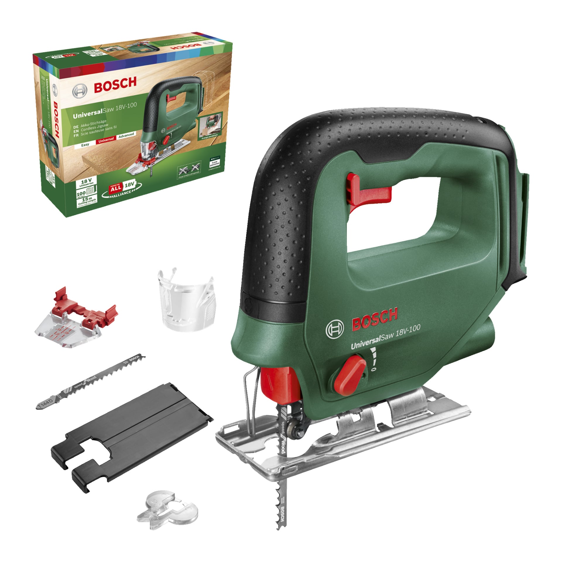 En Bosch Power 4 All UniversalSaw 18V-100 sladdlös sticksåg med grön och svart design visas tillsammans med ytterligare sågblad, en plastskydd, flera tillbehör och dess förpackningslåda.