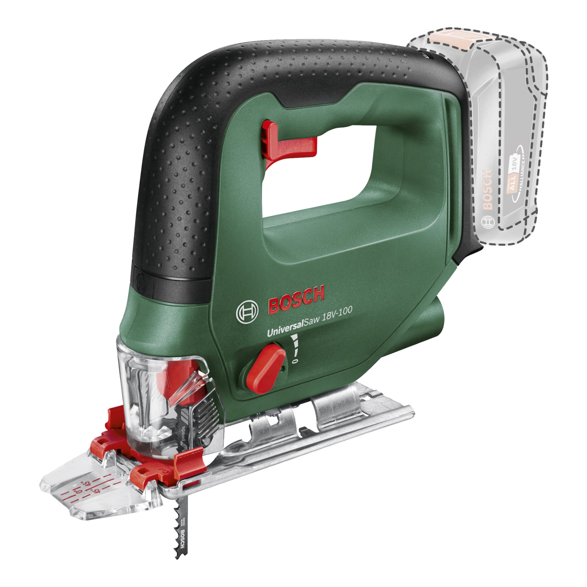 En Bosch Power 4 All UniversalSaw 18V-100 sladdlös sticksåg syns på bilden, med en grön och svart design med röda strömbrytare och justeringsrattar. Bakre batterifacket är öppet utan batteri insatt, och ett metallblad är fäst framtill.