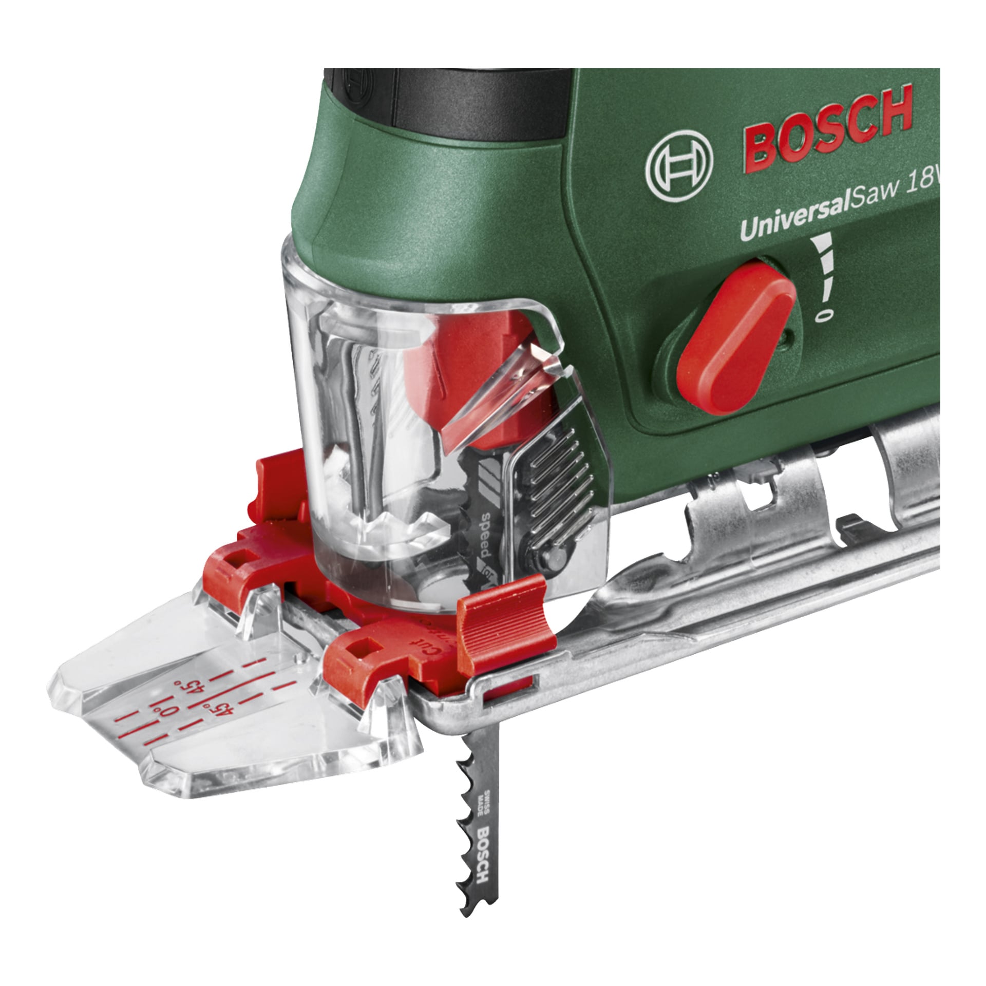 Detaljerad vy av en Bosch Power 4 All UniversalSaw 18V-100 batteridriven sticksåg, med blad, transparent bladskydd, röda justeringsrattar, en del av den gröna och svarta karossen med synlig branding och en framträdande röd strömbrytare.