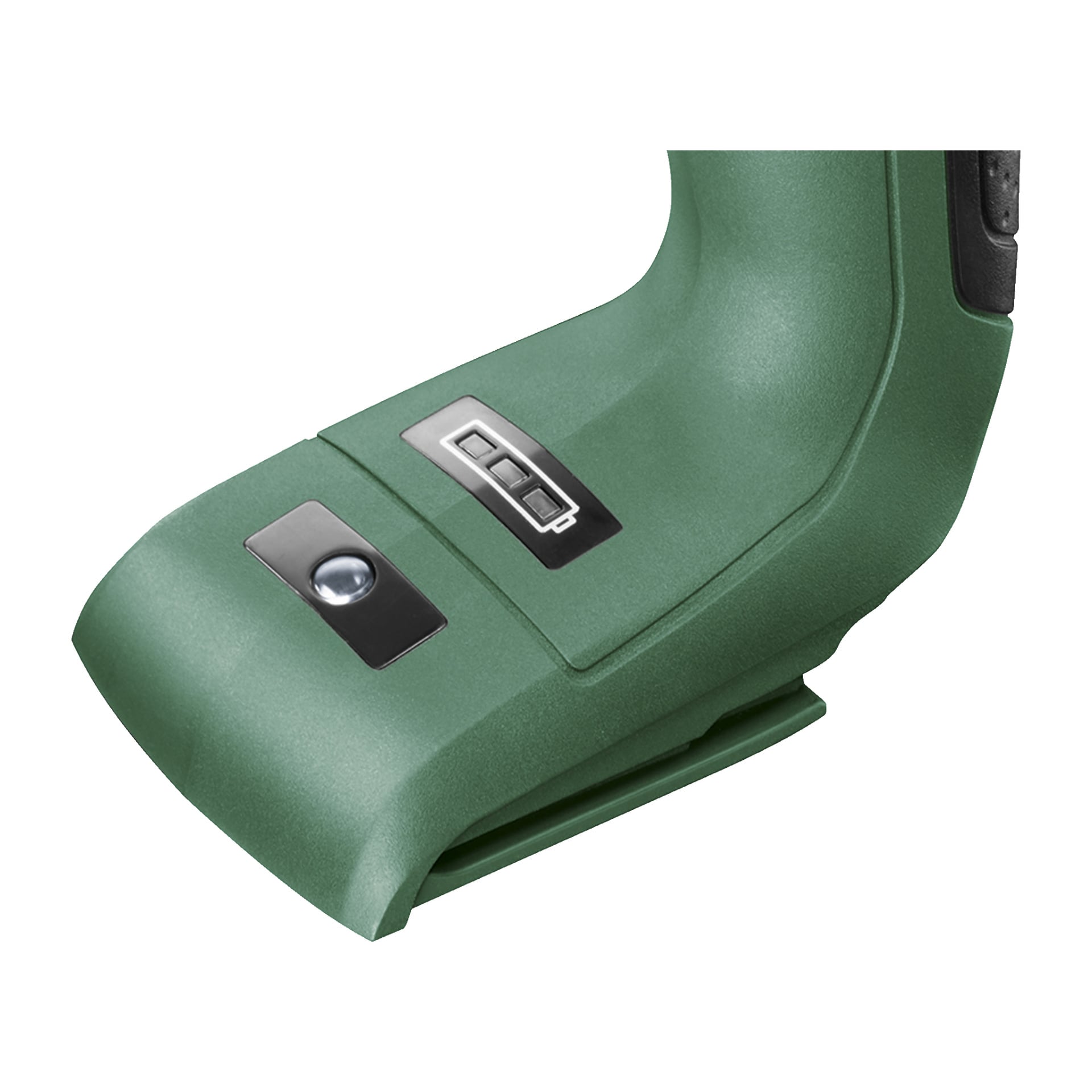 Detaljerad närbild av Bosch Power 4 All Brushless Impact Screwdriver Universal Impact 18V-60:s bas, med en metallisk knapp och en kompakt tredelad rektangulär display inbäddad i dess mjukt formade plastkropp.