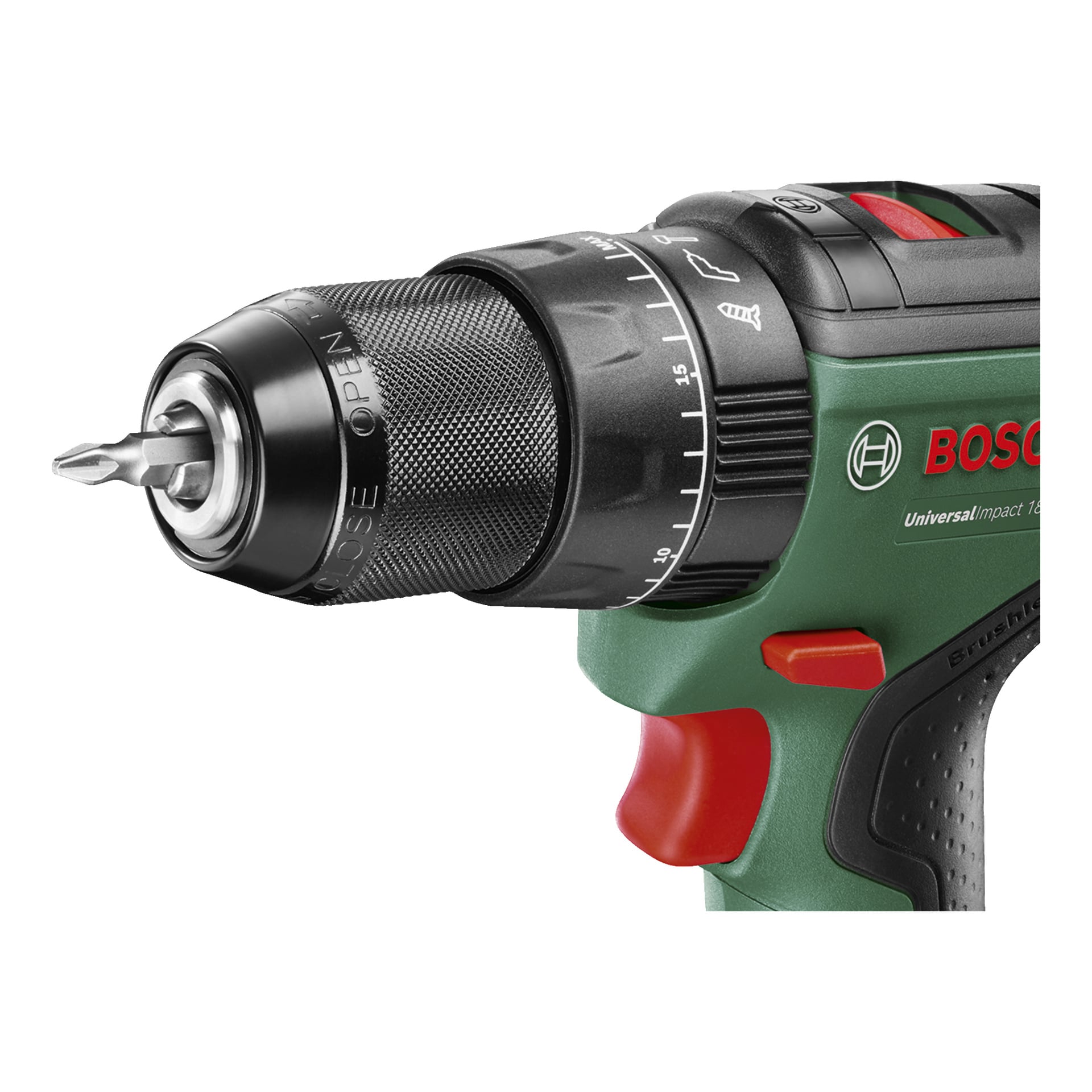 Detaljerad vy av Bosch Power 4 All Universal Impact 18V-60 borstlös slagskruvmejsel i grönt och svart, med en metallnyckellös chuck med skruvmejselbit installerad, och fokus på det texturerade greppet, avtryckaren och synliga justeringsinställningarna.