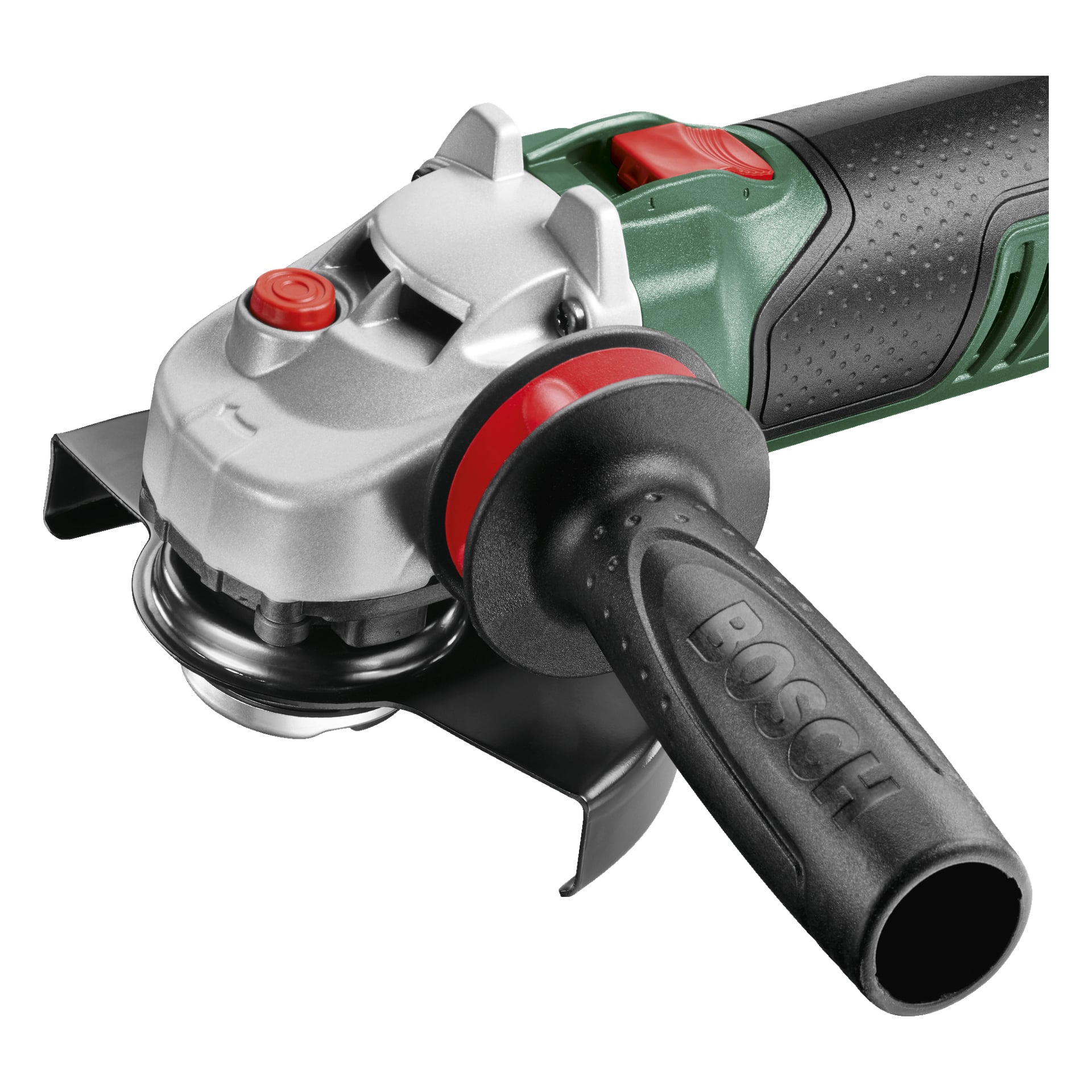 Zbliżenie na szlifierkę kątową Bosch Power 4 All AdvancedGrind 18V-80, zasilaną bateriami, pokazującą jej zielone plastikowe korpusy, czarno-czerwoną rękojeść oraz srebrną metalową obudowę.