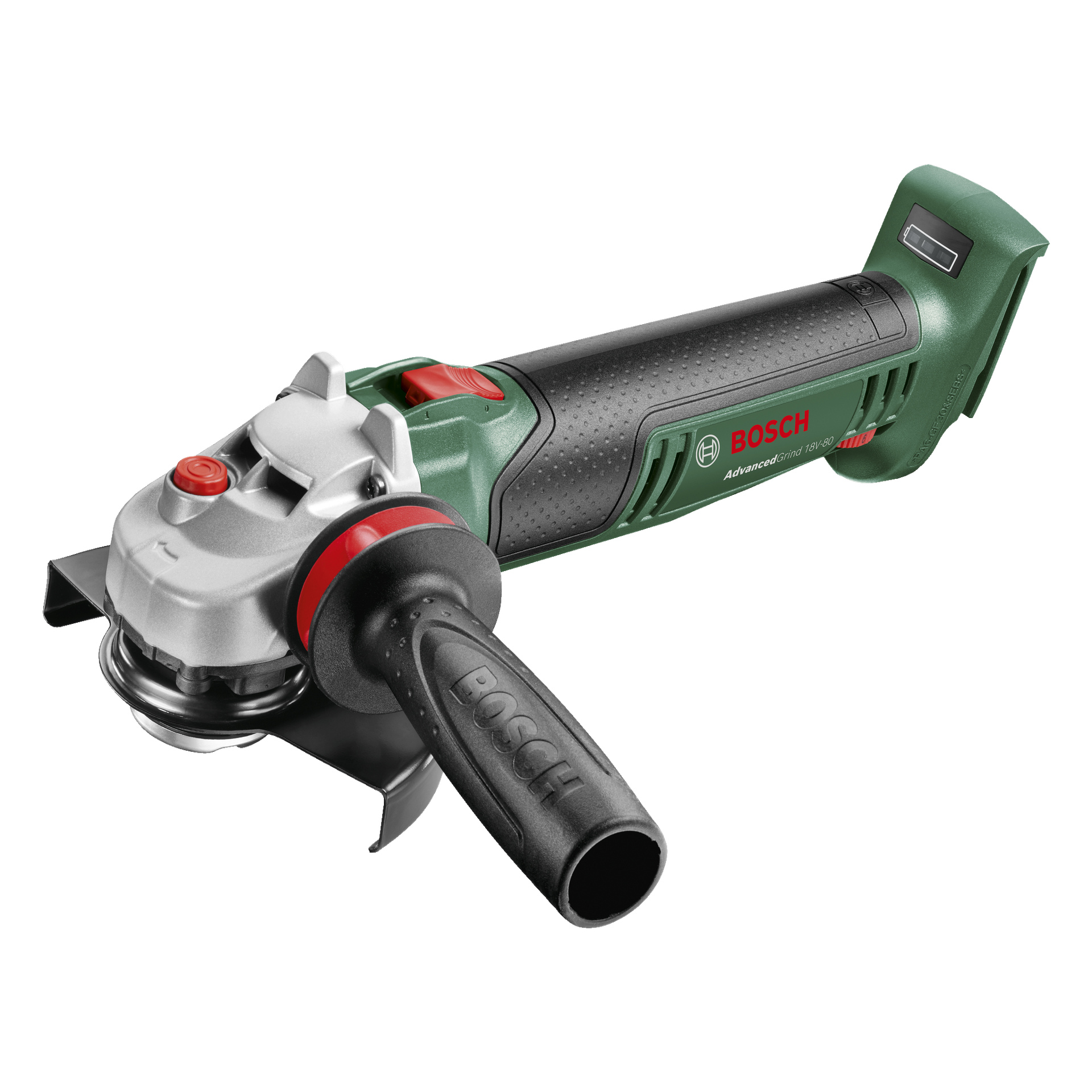 Bosch Power 4 All AdvancedGrind bezprzewodowa szlifierka kątowa 18V-80 z czarną rączką, korpusem w zielono-czarnym kolorze, czerwonym przyciskiem zasilania oraz odsłoniętym talerzem.