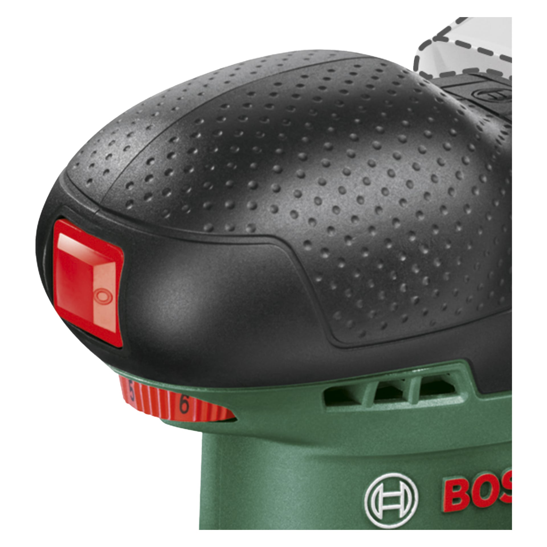 Detaljerad vy av Bosch Power 4 All UniversalSander 18V-10, med fokus på dess texturerade svarta handtag med en framträdande röd strömbrytare, en sektion av det gröna höljet och den synliga Bosch-logotypen. Bilden fångar endast en del av denna trådlösa multislipare.