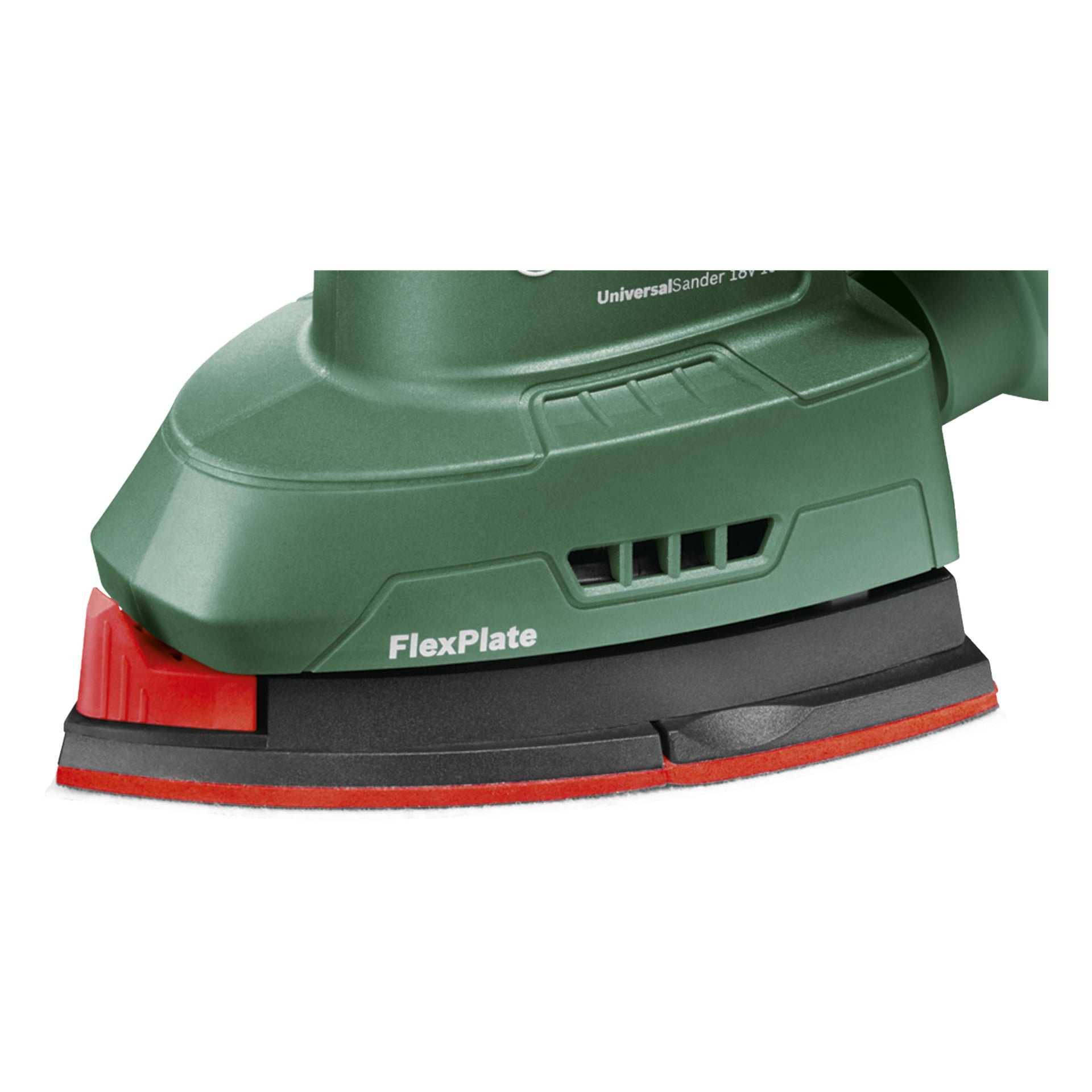 Närbild av den gröna Bosch Power 4 All UniversalSander 18V-10, en sladdlös multislip med en svart och röd slipplatta under. Verktygets kropp har ventilliknande spår och en texturerad yta.