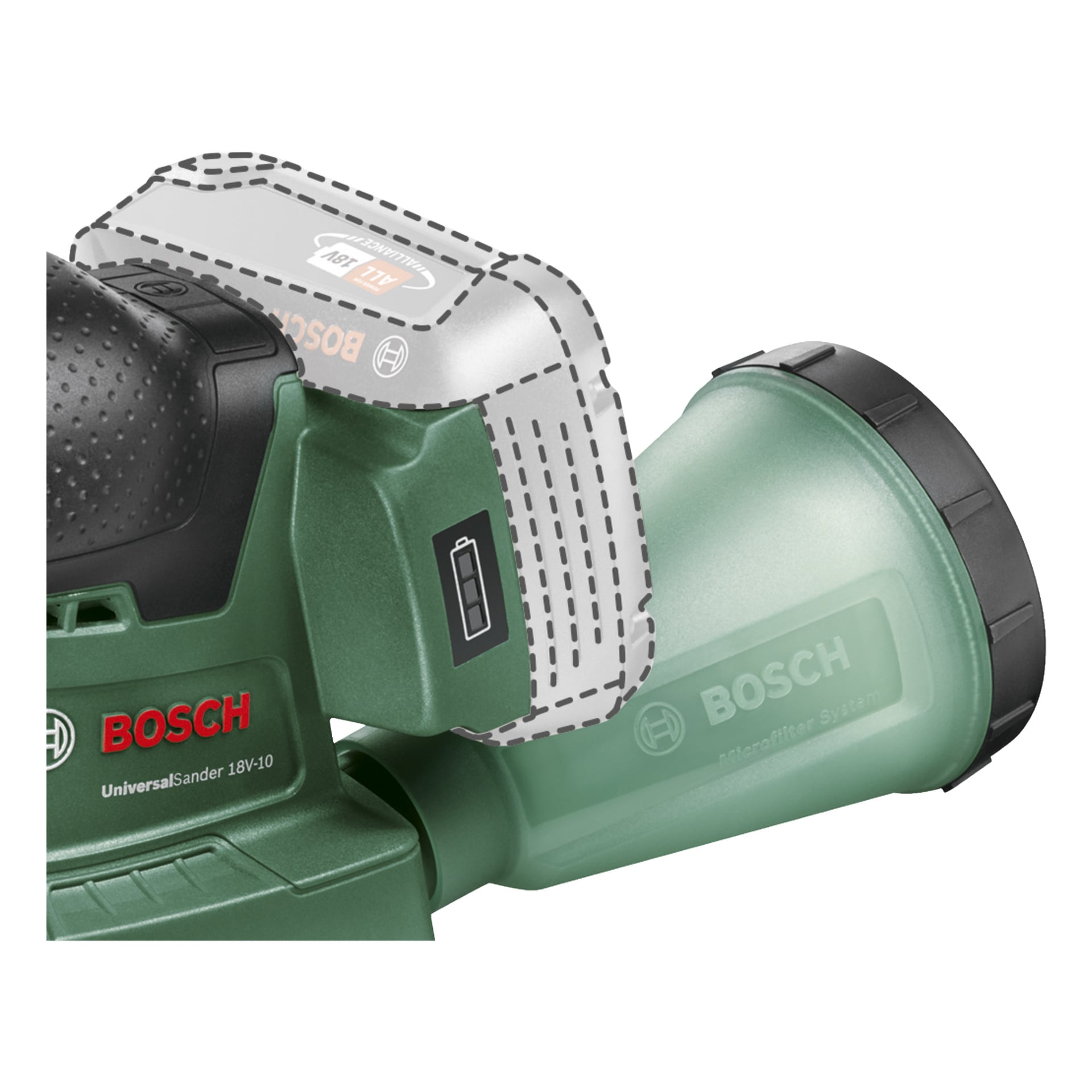 Närbild av Bosch Power 4 All UniversalSander 18V-10 multislip, med en synlig plats för ett 18V-batteri representerad av streckade linjer och ett dammfilter fäst på sidan.