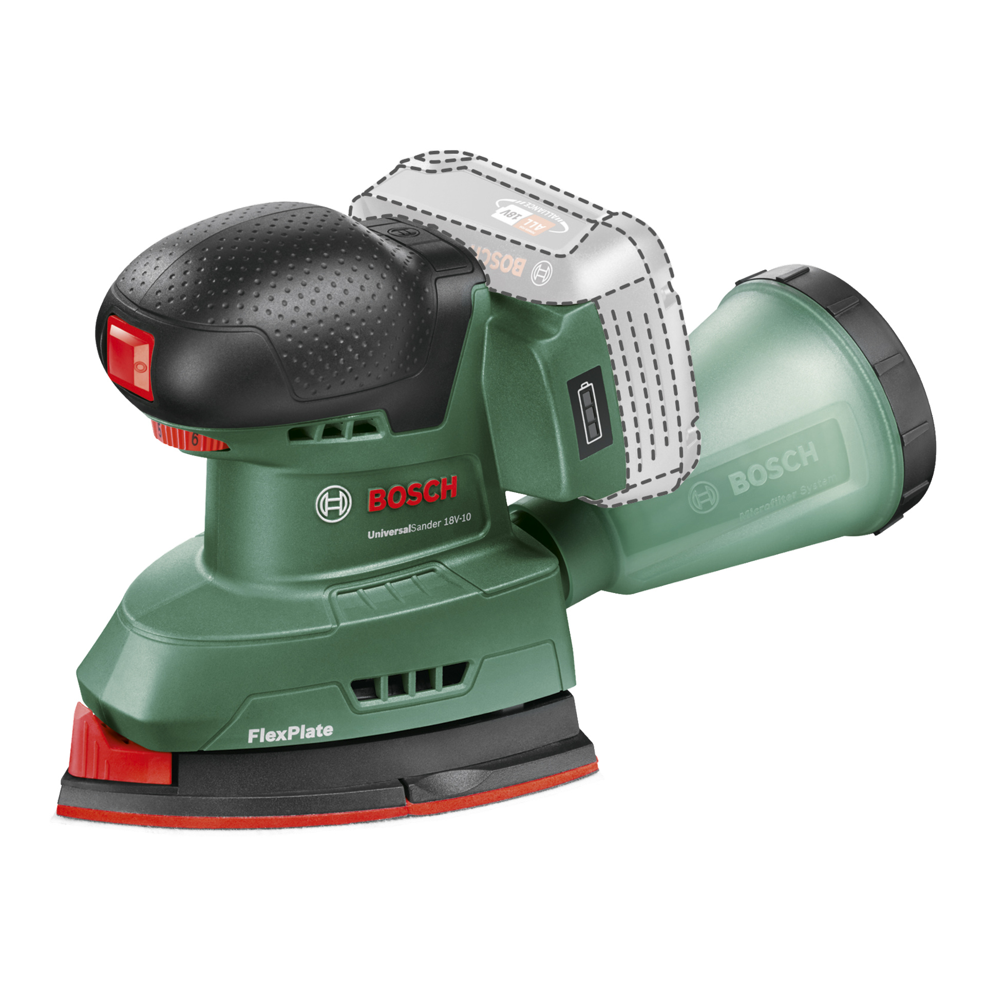 En grön Bosch Power 4 All UniversalSander 18V-10 multislip med svart handtag och röd strömknapp syns utan batteri, batterifacket markerat med en streckad kontur.