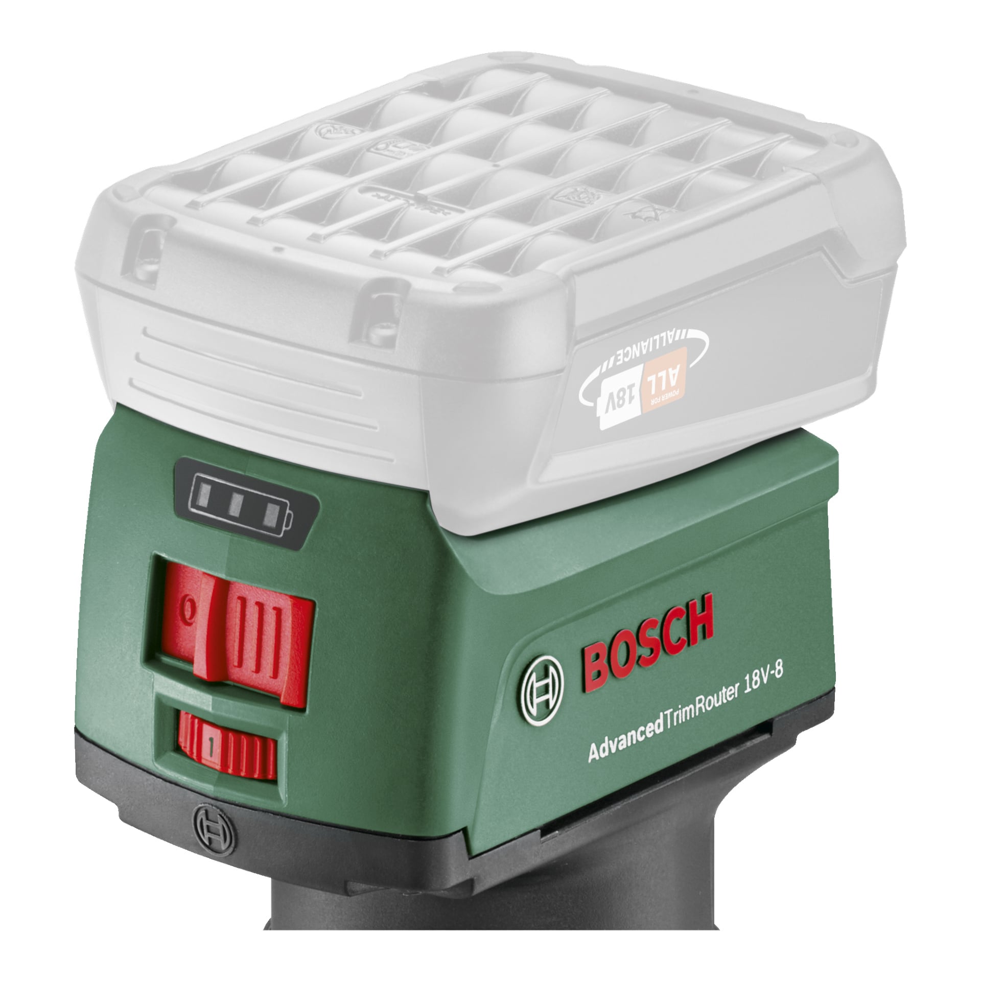 En detaljerad närbild av en Bosch Power 4 All AdvancedTrimRouter 18V-8, som visar dess gröna och svarta design med framträdande röda strömbrytare för ström- och hastighetskontroll. Ett halvtransparent överlägg markerar var batteriet fästs.