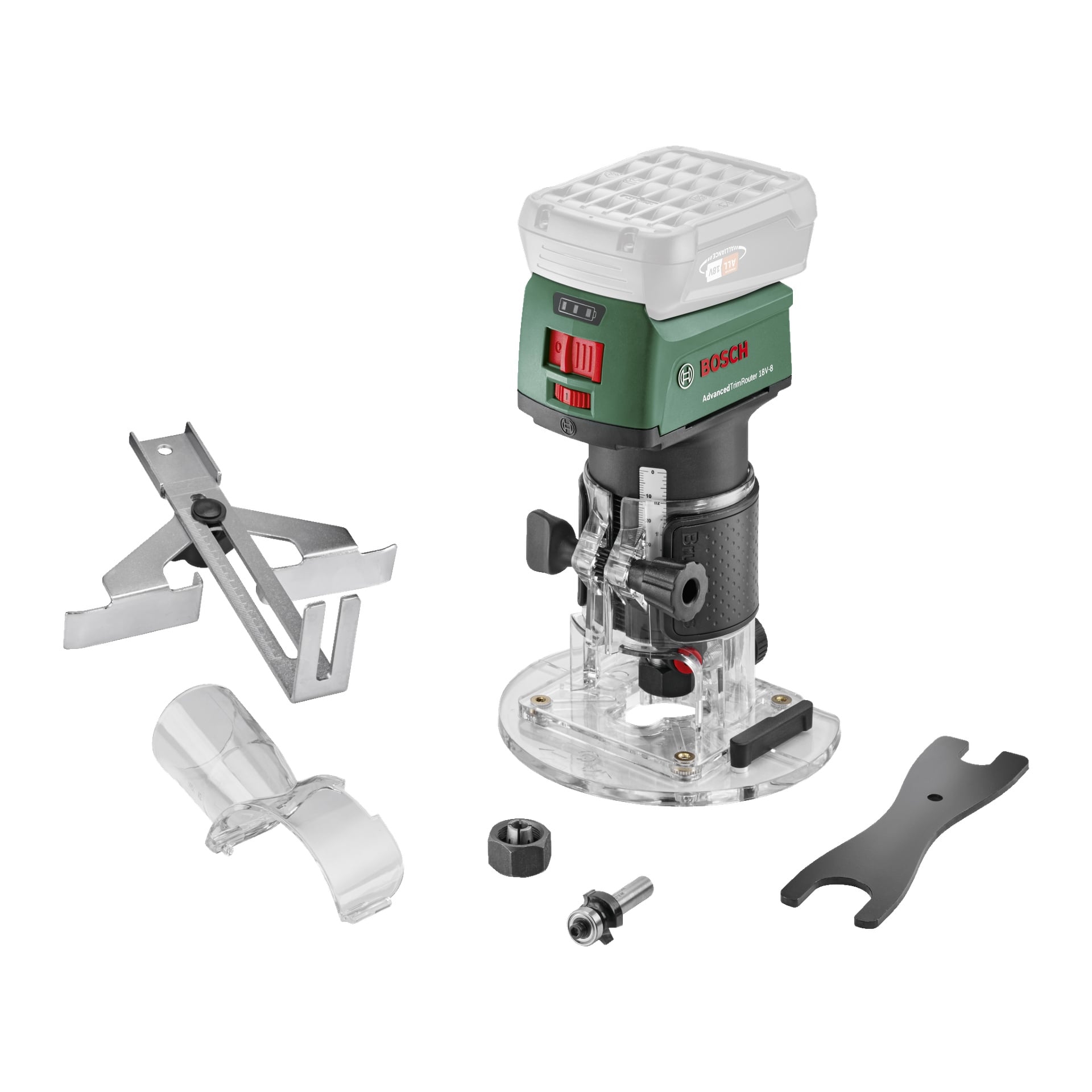 Bosch Power 4 All AdvancedTrimRouter 18V-8, en liten elektrisk handflatsfräs med genomskinlig bas, justeringsrattar, metallstyrning, plastdammskydd, skiftnyckel och spantang som visas tillsammans på ett organiserat sätt.