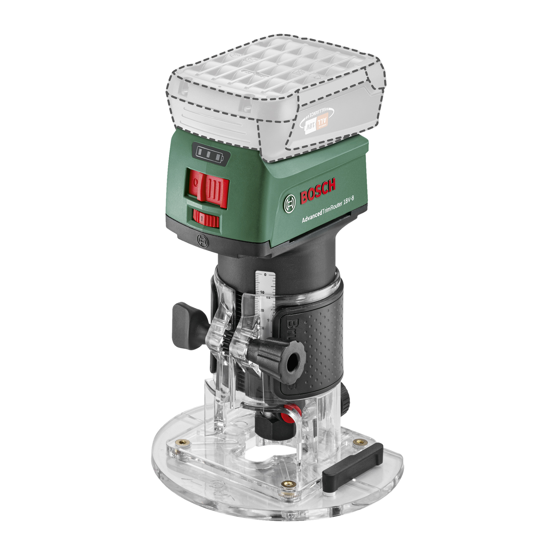Ett Bosch Power 4 All AdvancedTrimRouter 18V-8 elverktyg står upprätt och visar sin gröna och svarta design med en genomskinlig plastbas och justeringsrattar. En halvgenomskinlig kontur markerar var batteriet fästs.