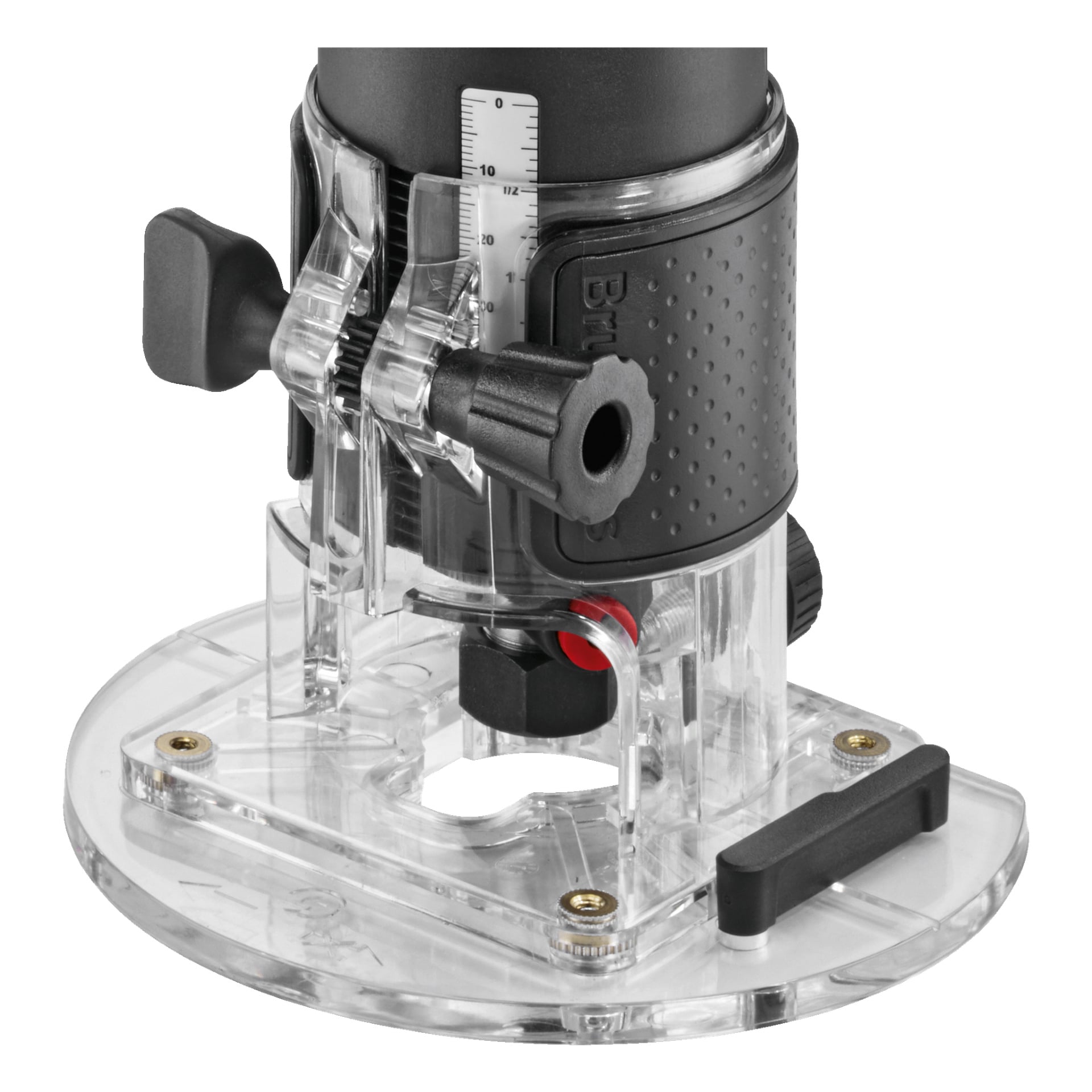 Närbild som visar basen på Bosch Power 4 All AdvancedTrimRouter 18V-8, inklusive en transparent plastbottenplatta, svarta justeringsrattar, djupmätare och ett strukturerat handtagsgrepp. Verktyget placeras på en plan yta.