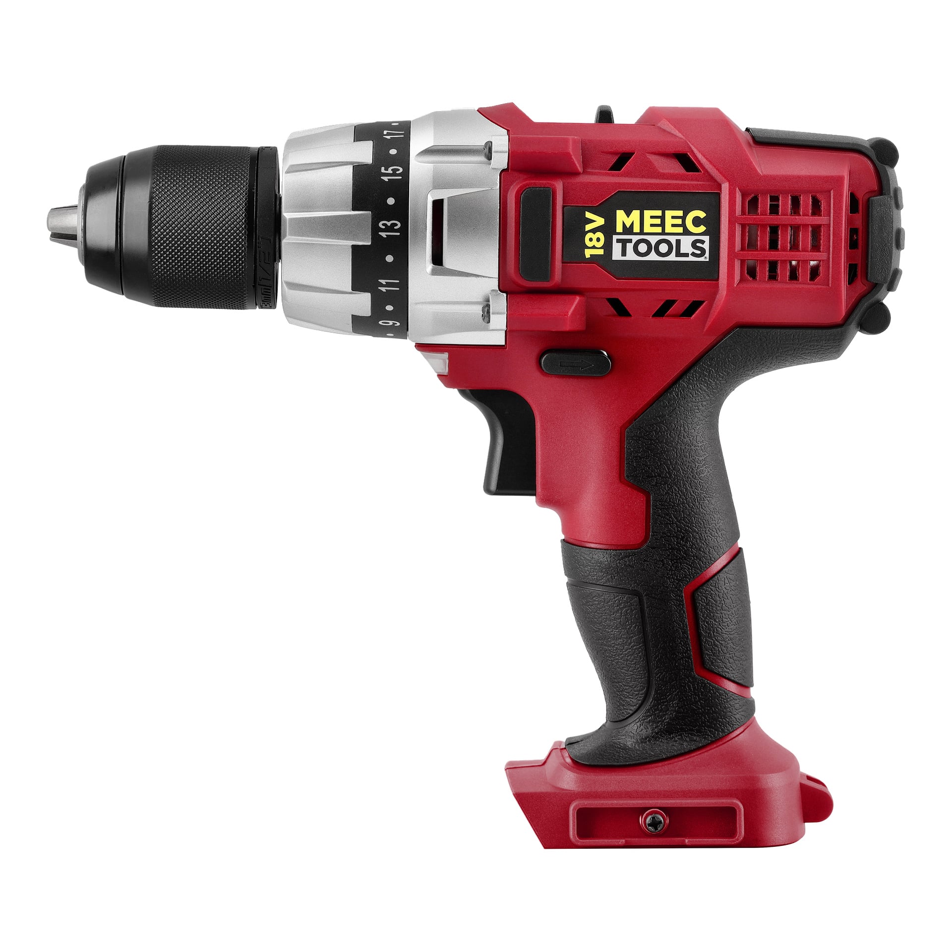 En röd och svart sladdlös borrmaskin märkt 18V MEEC TOOLS syns i profil, med en nyckellös chuck och ett texturerat grepphandtag.