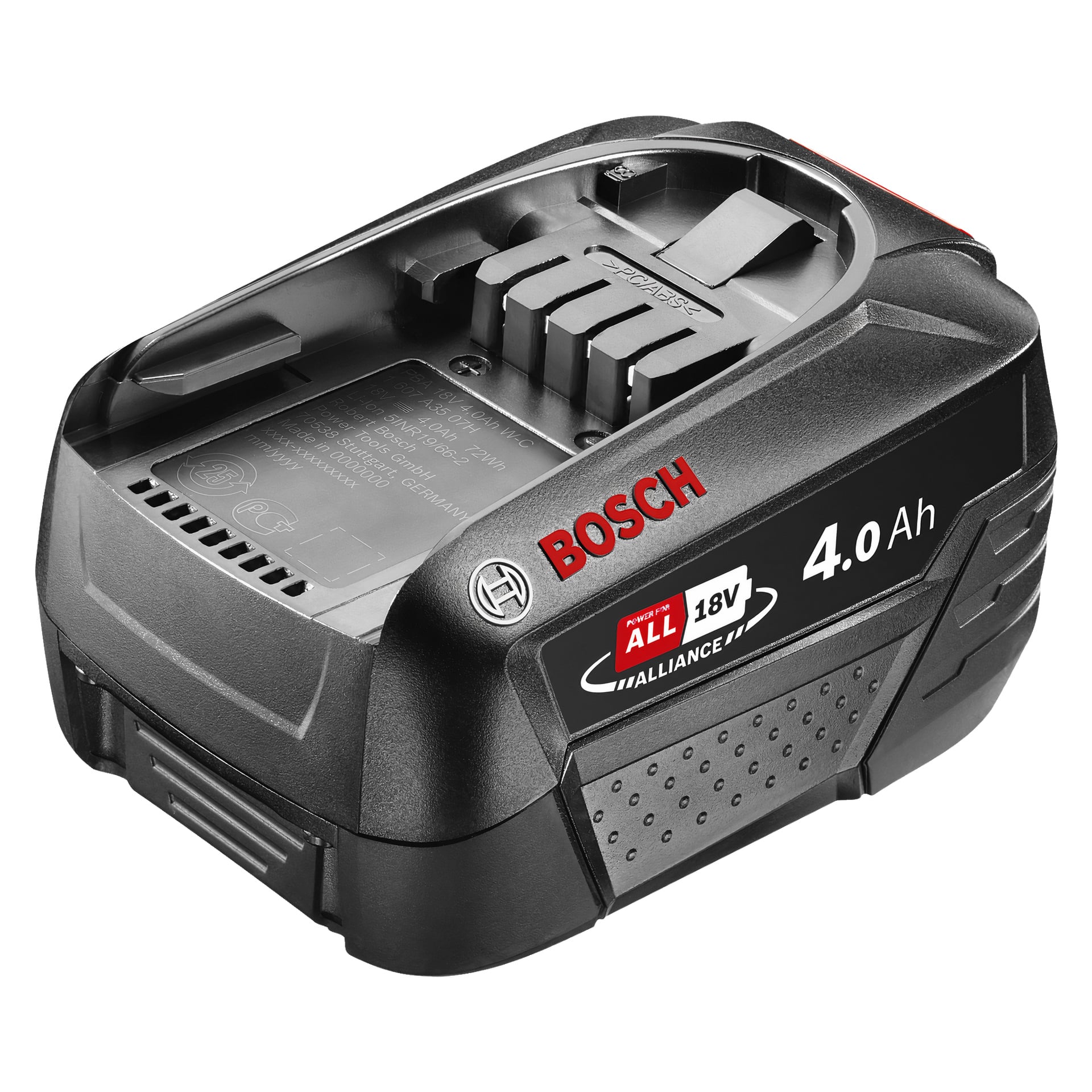 En svart Bosch Power 4 All Battery visas. Höljet visar Bosch Power 4 All-logotypen och tekniska specifikationer i vit och röd text.