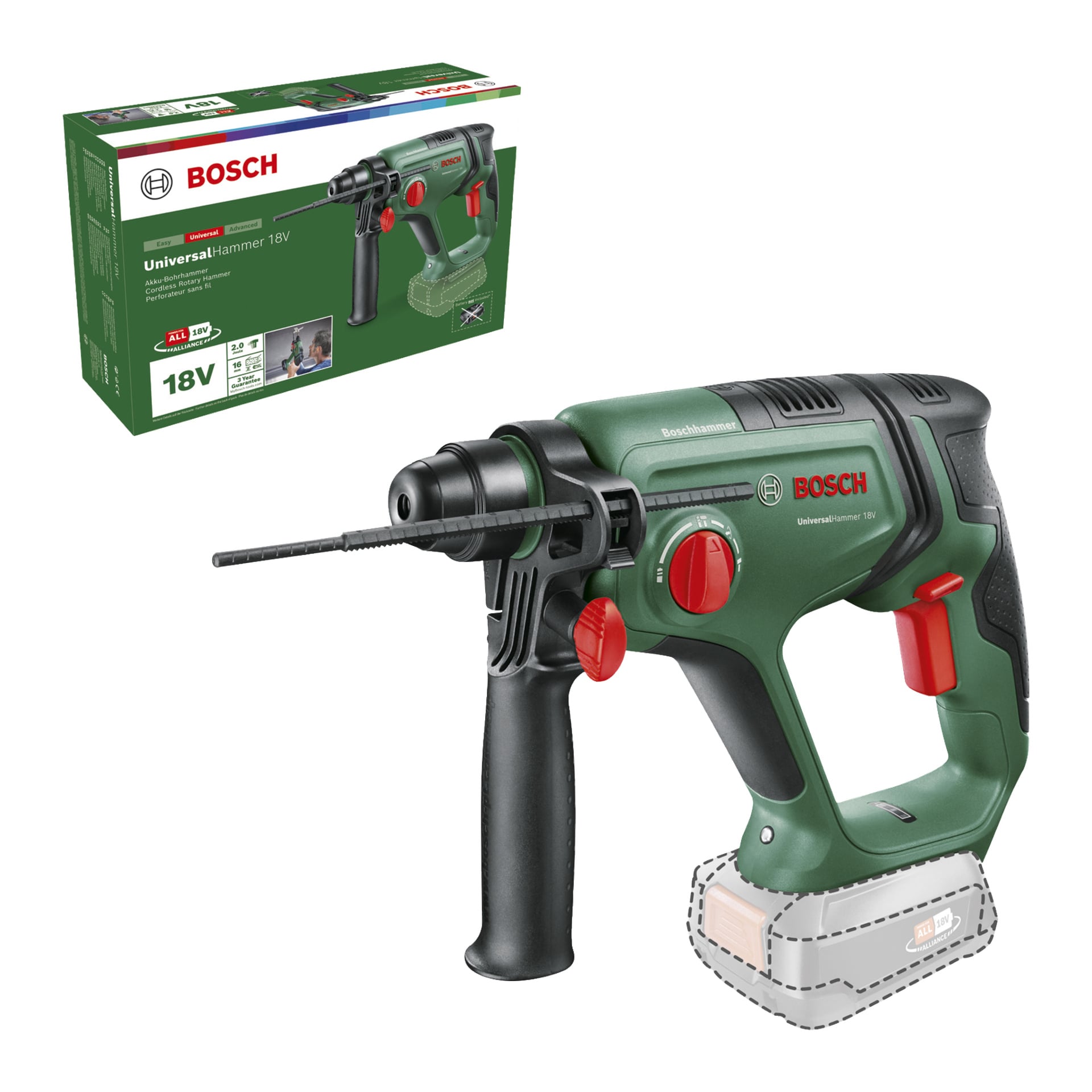 En Bosch Power 4 All UniversalHammer 18V borrmaskin med grön och svart design, visad med ett sidohandtag och en konturerad sektion som markerar var batteriet ska sitta, tillsammans med sin butikslåda synlig uppe till vänster.