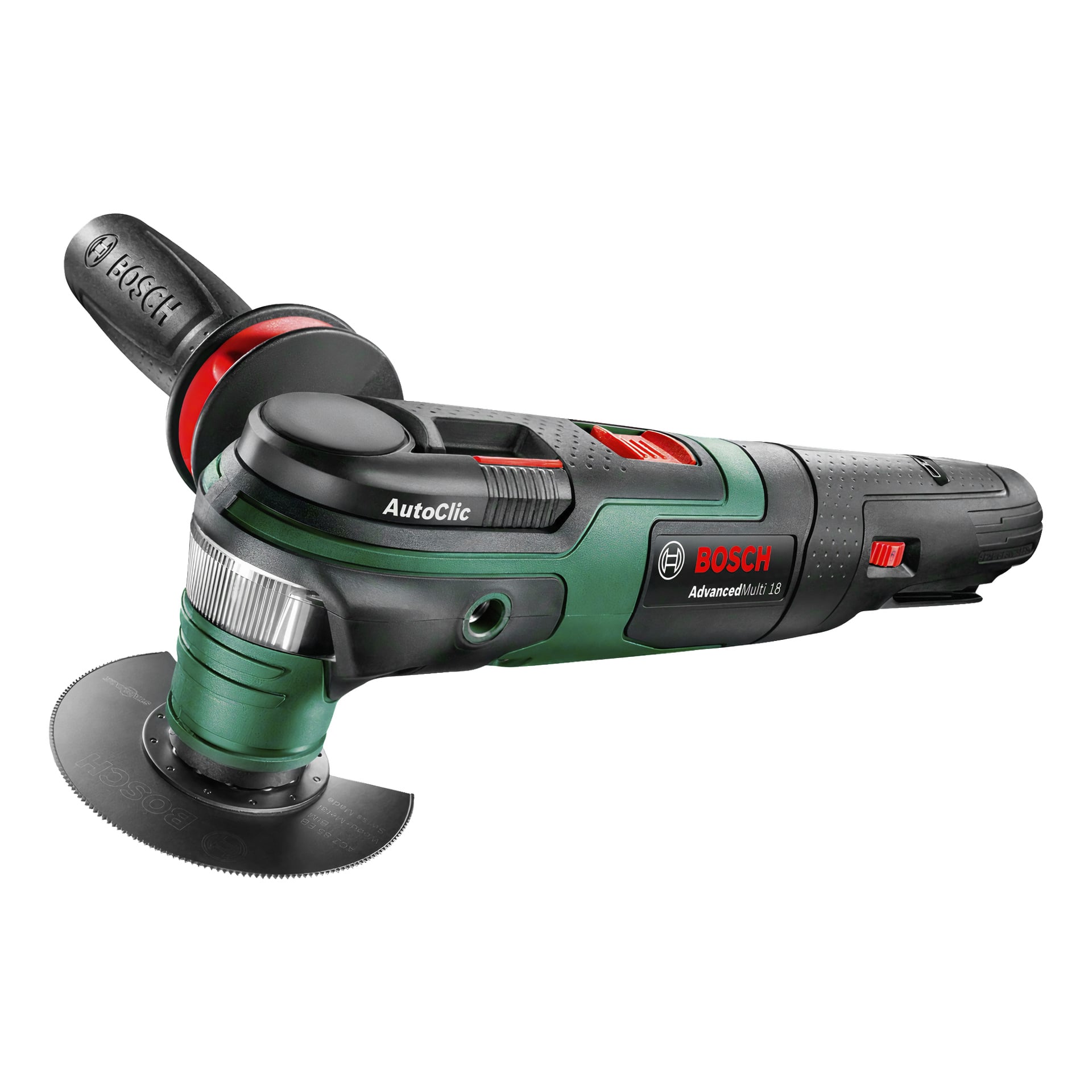 En Bosch Power 4 All Multi-tool AdvancedMulti 18 V i grönt och svart med röda detaljer, utrustad med ett cirkulärt blad och sidohandtag.