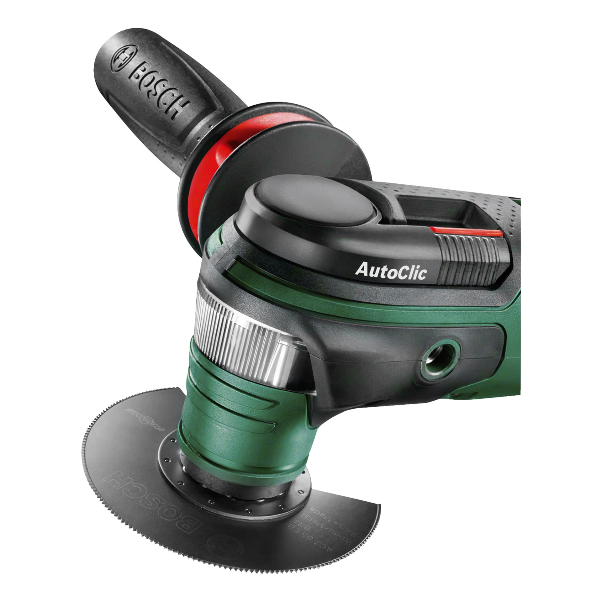 Närbild på en Bosch Power 4 All AdvancedMulti 18 V multiverktyg med cirkelsågsblad och ett svart sidohandtag med Bosch-loggan. Verktygets hölje kombinerar gröna, svarta och röda färger, med texturerade åsar och olika knappar.