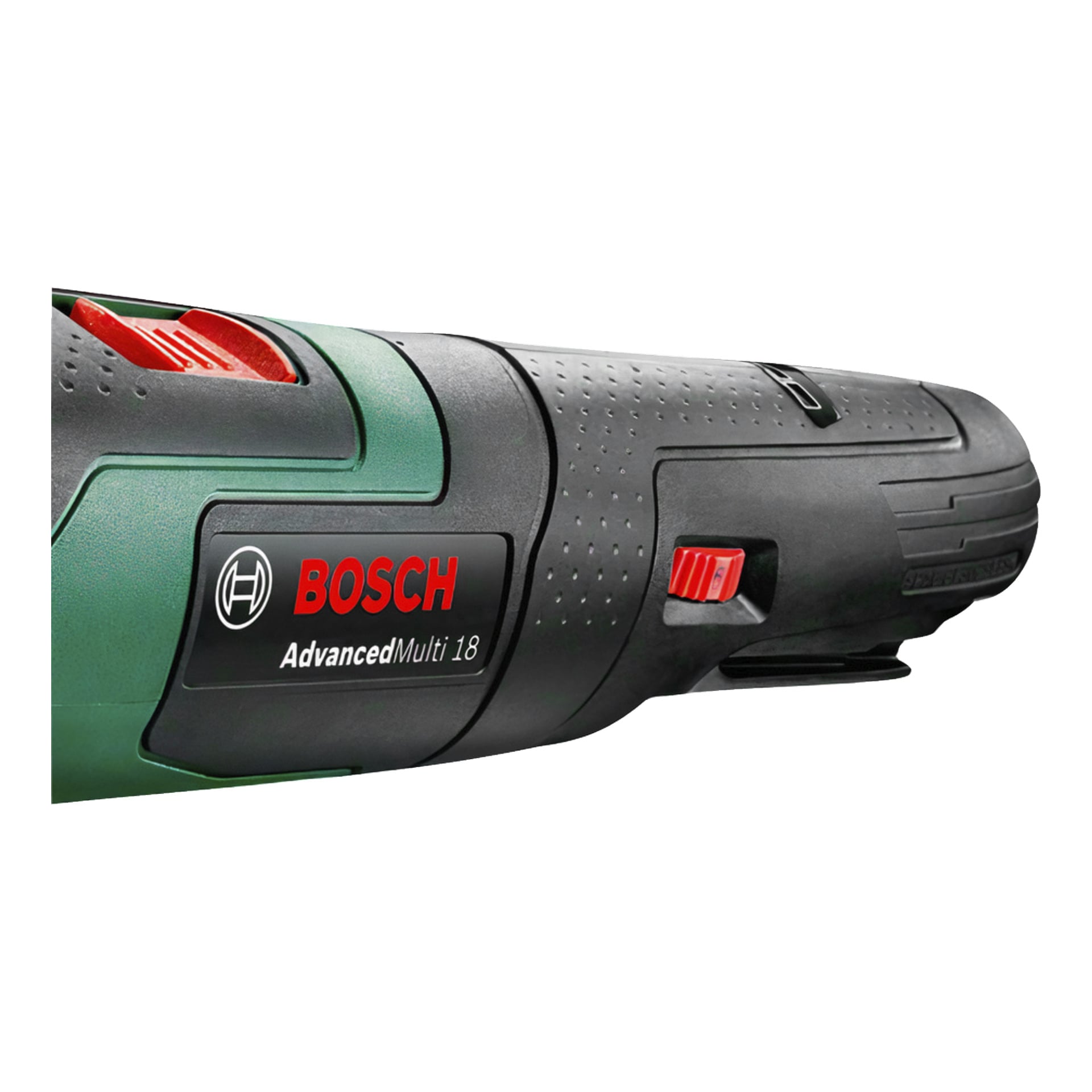 Närbild av en Bosch Power 4 All AdvancedMulti 18 V multiverktygsmaskin, med framhävning av den synliga varumärkeslogotypen, produktnamnet, det texturerade handtaget och en framträdande röd strömbrytare på dess svarta och gröna kaross.