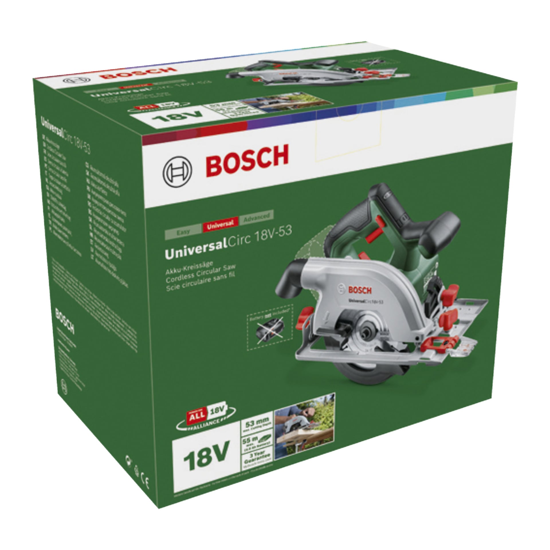 Grön förpackning för Bosch Power 4 All UniversalCirc 18V-53 sladdlösa cirkelsåg, som visar en bild på sågen och framhäver dess 18V effekt och kompatibilitet med Bosch ALL 18V-serien.