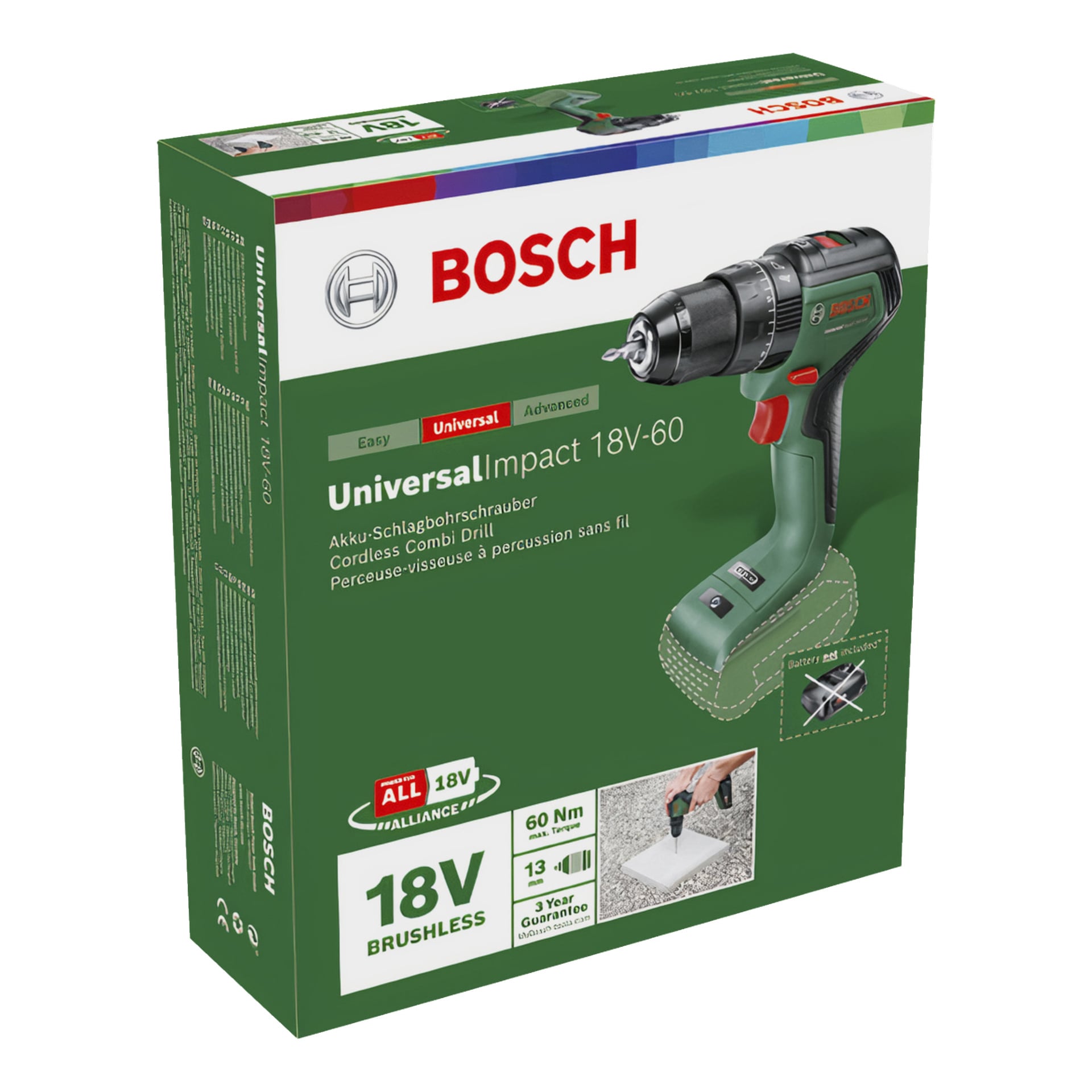 Bosch Power 4 helt grön förpackning med Universal Impact 18V-60 borstlös slagskruvmejsel, med synlig verktygsbild, Bosch-märkning, framhävda funktioner som 18V effekt, 60 Nm vridmoment och en borstlös motor. Olika produktfoton och informativa ikoner visas på förpackningen.