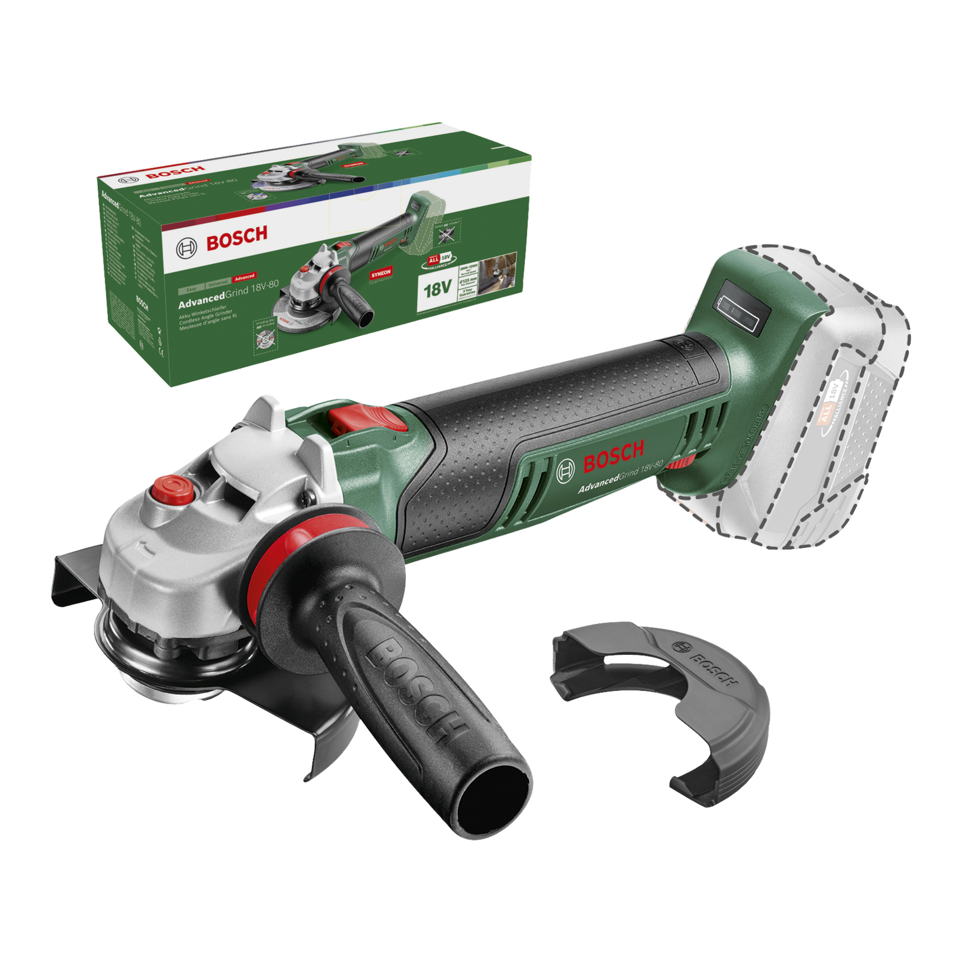 Na wyświetlaczu prezentowana jest szlifierka kątowa Bosch Power 4 All AdvancedGrind 18V-80 z czarną rączką, oddzielnym pakietem baterii i osłoną ostrza. Za nim znajduje się zielone pudełko Boscha z obrazkiem tego samego modelu wraz ze specyfikacją.