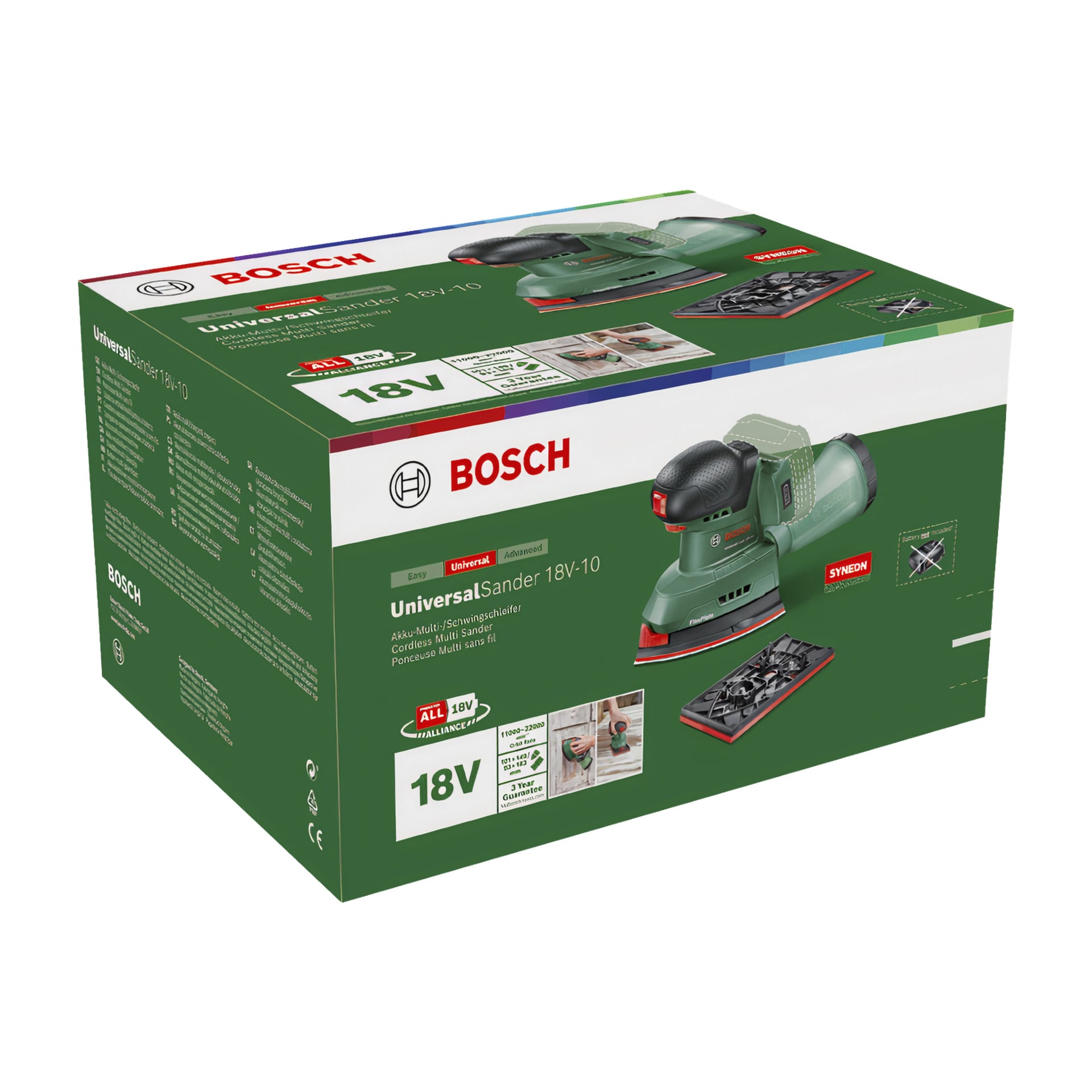 En Bosch Power 4 All UniversalSander 18V-10-låda i grönt och rött, som visar tydliga bilder av slipmaskinen, nyckelspecifikationer och varumärkesloggor. Förpackningen framhäver dess sladdlösa drift med ett 18V-batteri och visar upp inkluderade tillbehör.