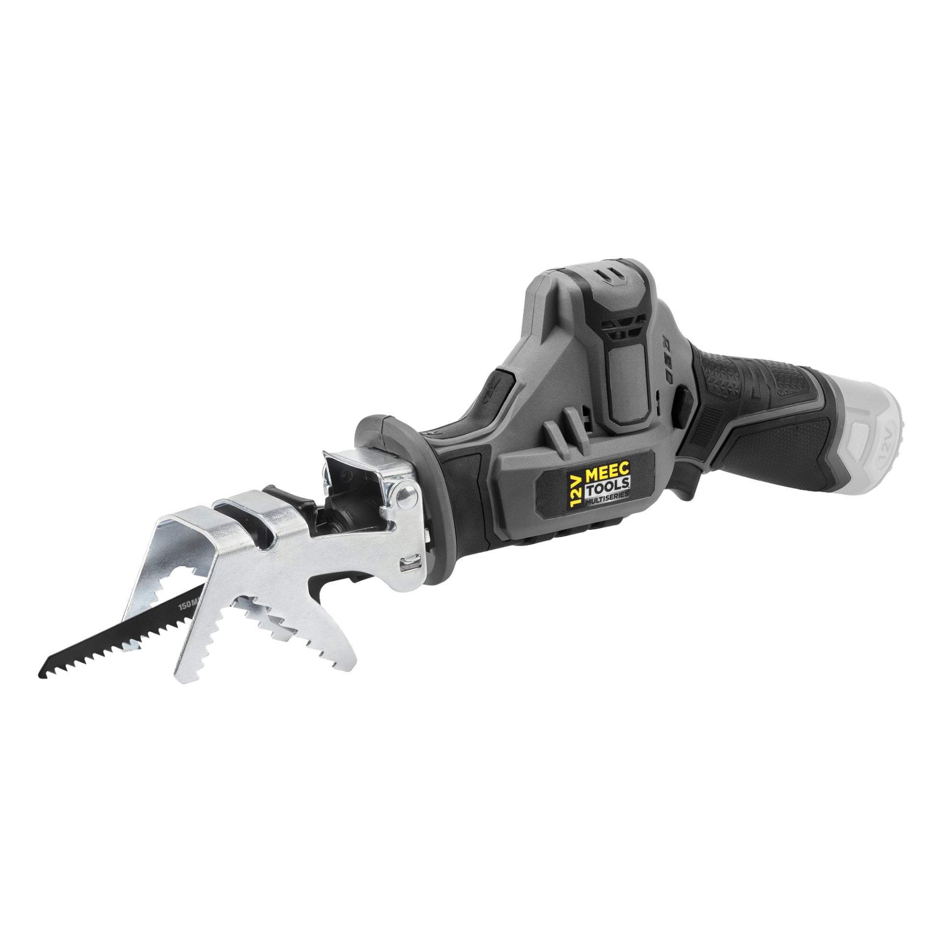 En liten svart och grå Meec Tools Multiseries 12V sladdlös bajonsåg, designad med ett strukturerat grepp, tandat skärblad och en framträdande metallklämma framtill. MEEC TOOLS-varumärket syns tydligt på verktyget.