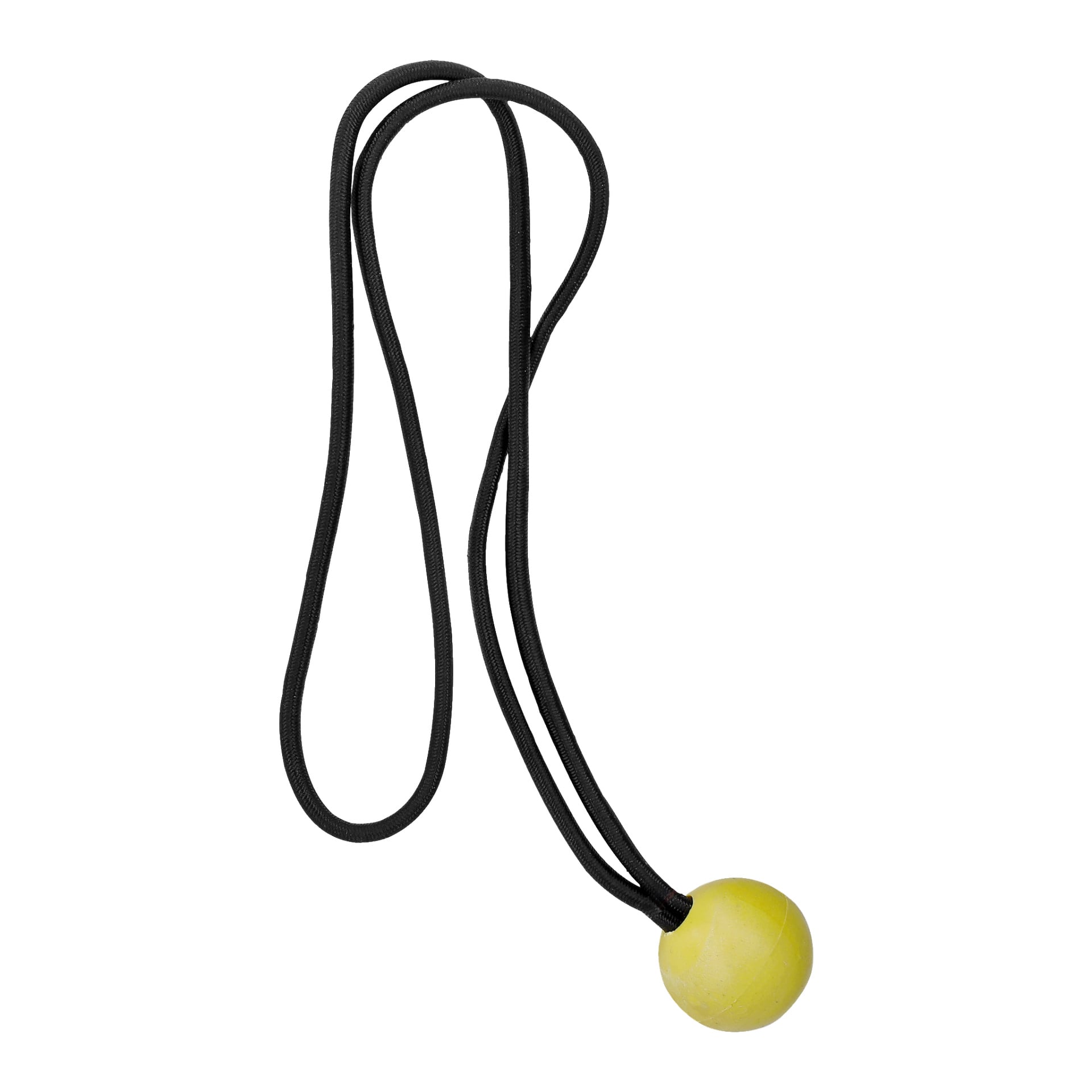 En gul gummiboll från Hard Head Straps med bollar 6-pack är fäst i en lång svart elastisk snodd som går genom bollen, vilken har ett smalt spår runt midjan.