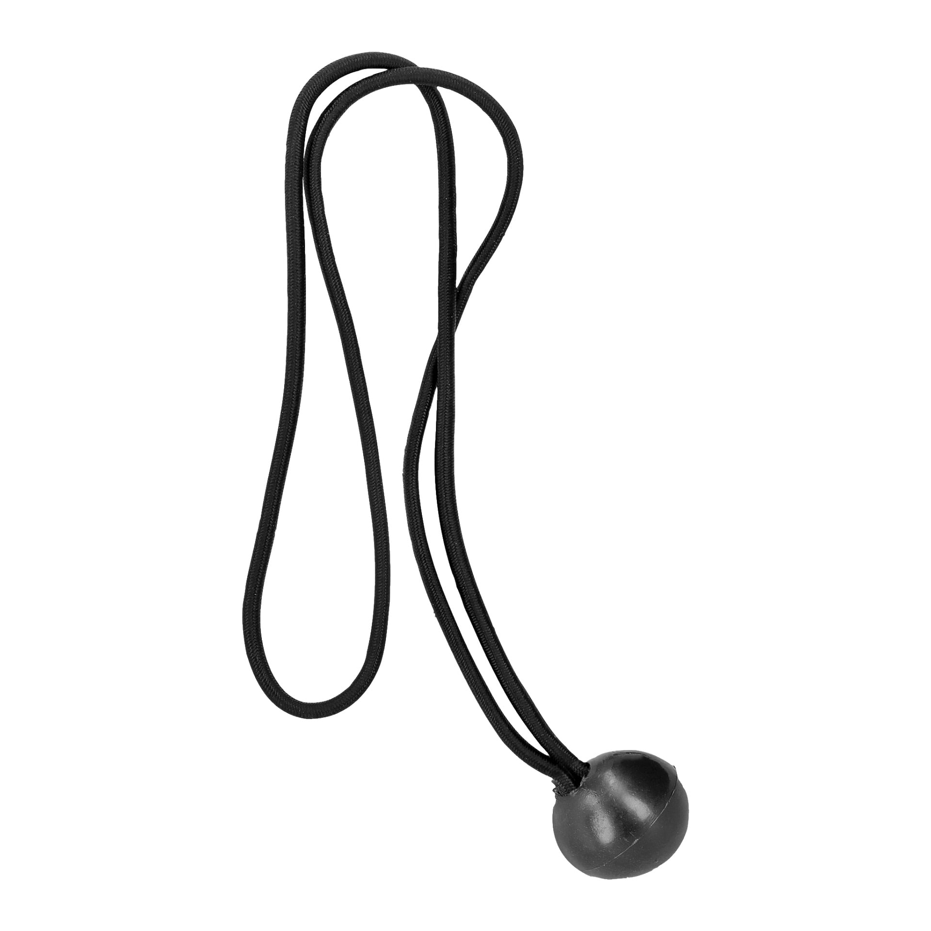 En svart elastisk bungee-snöre från Hard Head Straps med Balls 6 Pack, som visar en rund svart plastboll fäst i ena änden.